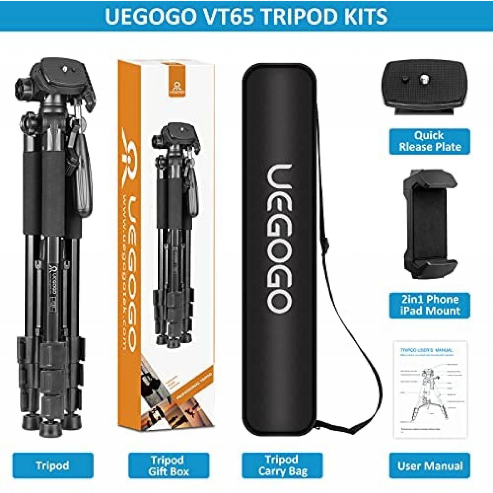 Tripode UEGOGO de Altura Ajustable 63" para Camara -Negro