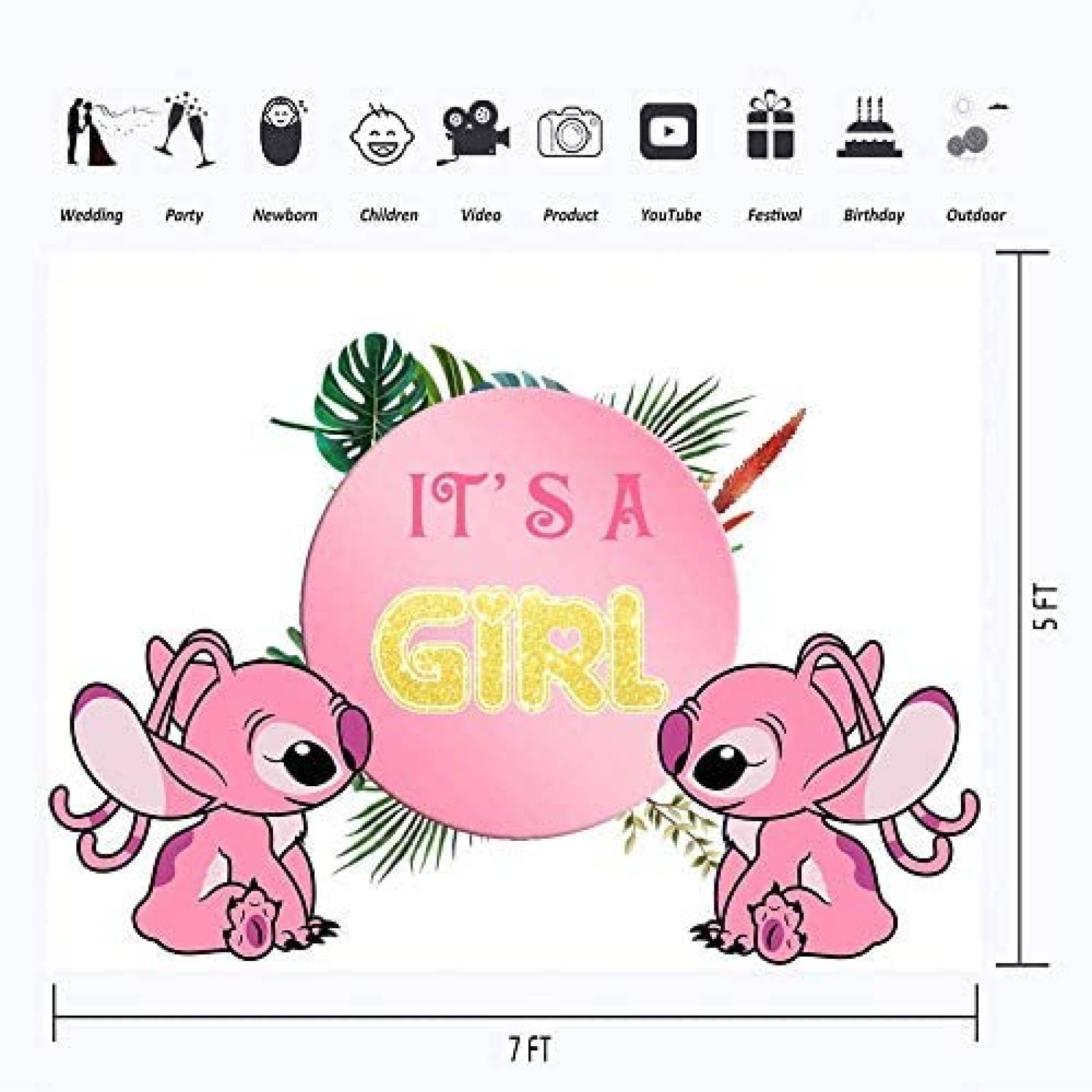 Telon de fondo YouRan de 7x5 de Stitch Baby shower -Rosa