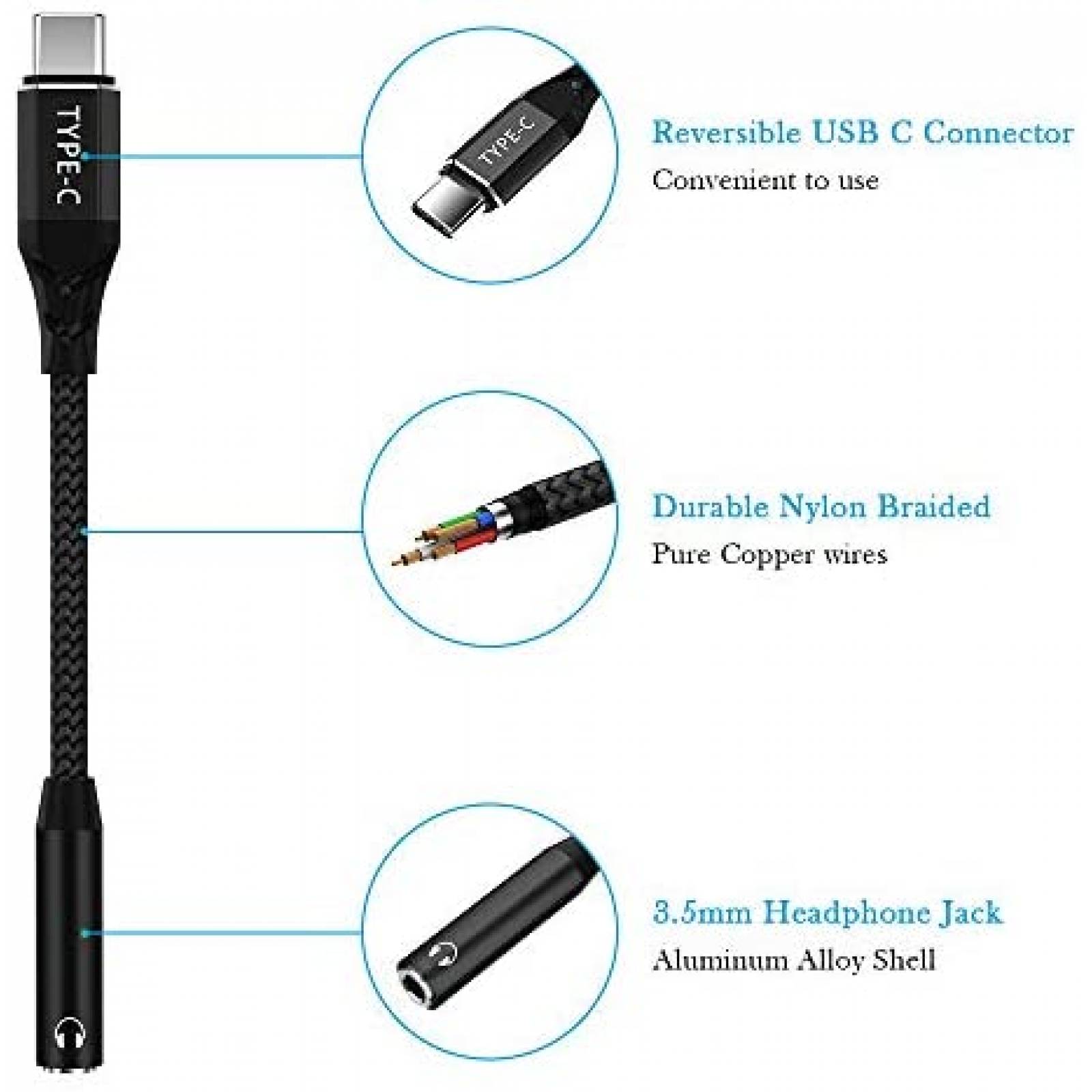 Adaptador USB tipo C a conector de auriculares de 0.138 in, USB tipo C  auxiliar de 0.138 in para auriculares de audio para Google Pixel 6/5/4,  Samsung