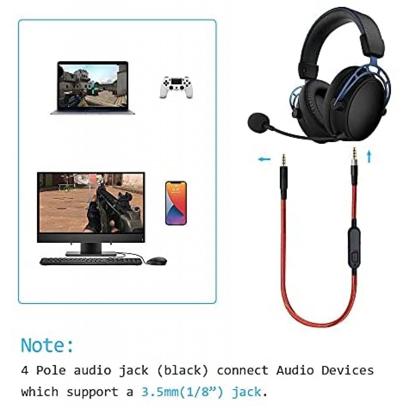 Cable de Audio MJKOR para Audifonos HyperX Cloud Mix -Rojo