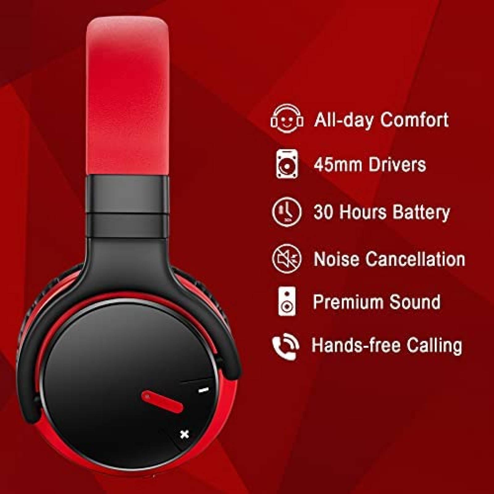 Audifonos Bluetooth MOVSSOU E7 de 30H de Carga -Rojo/Negro