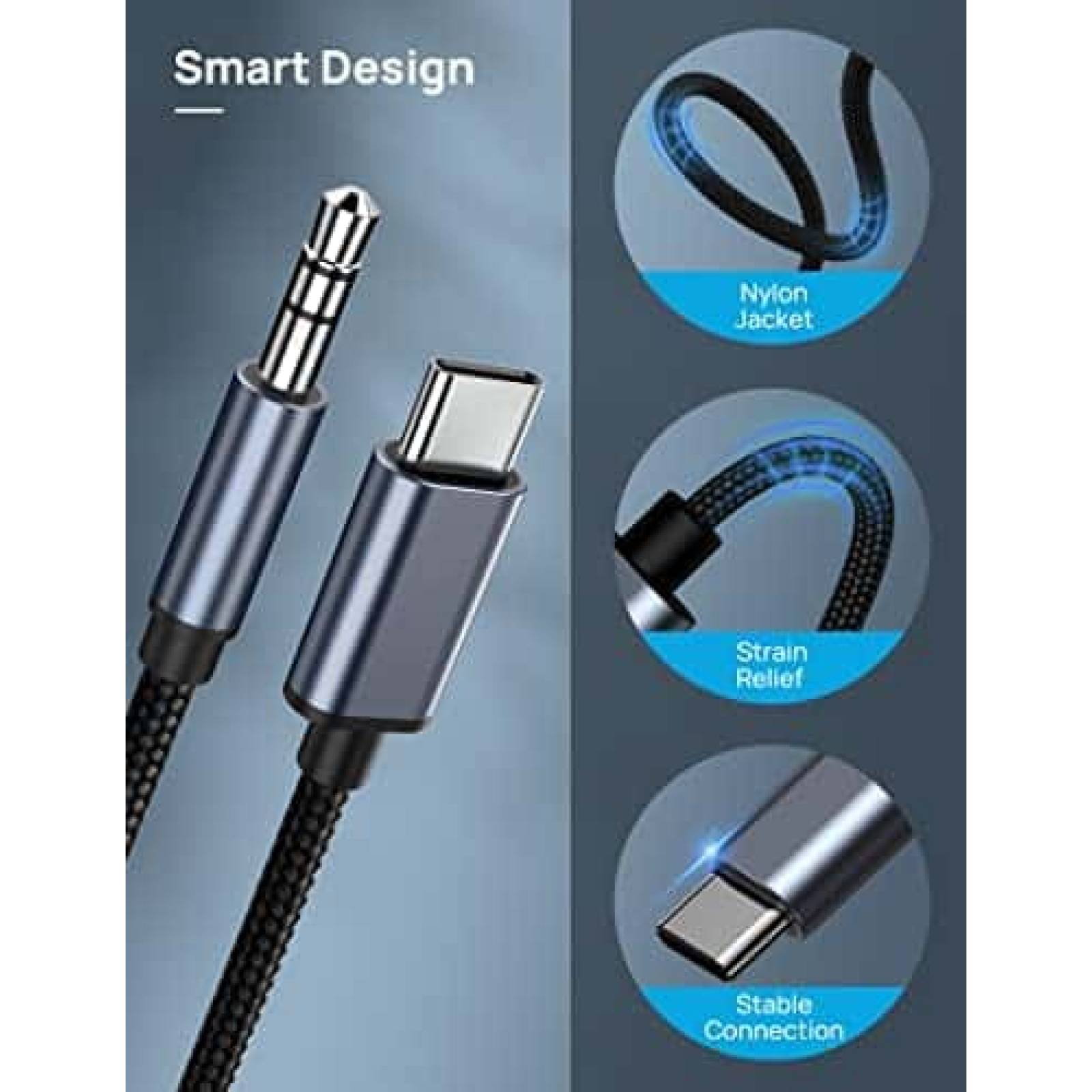 Cable USB Phoie USB C a AUX 3.5mm de 3.5 Pies -Negro
