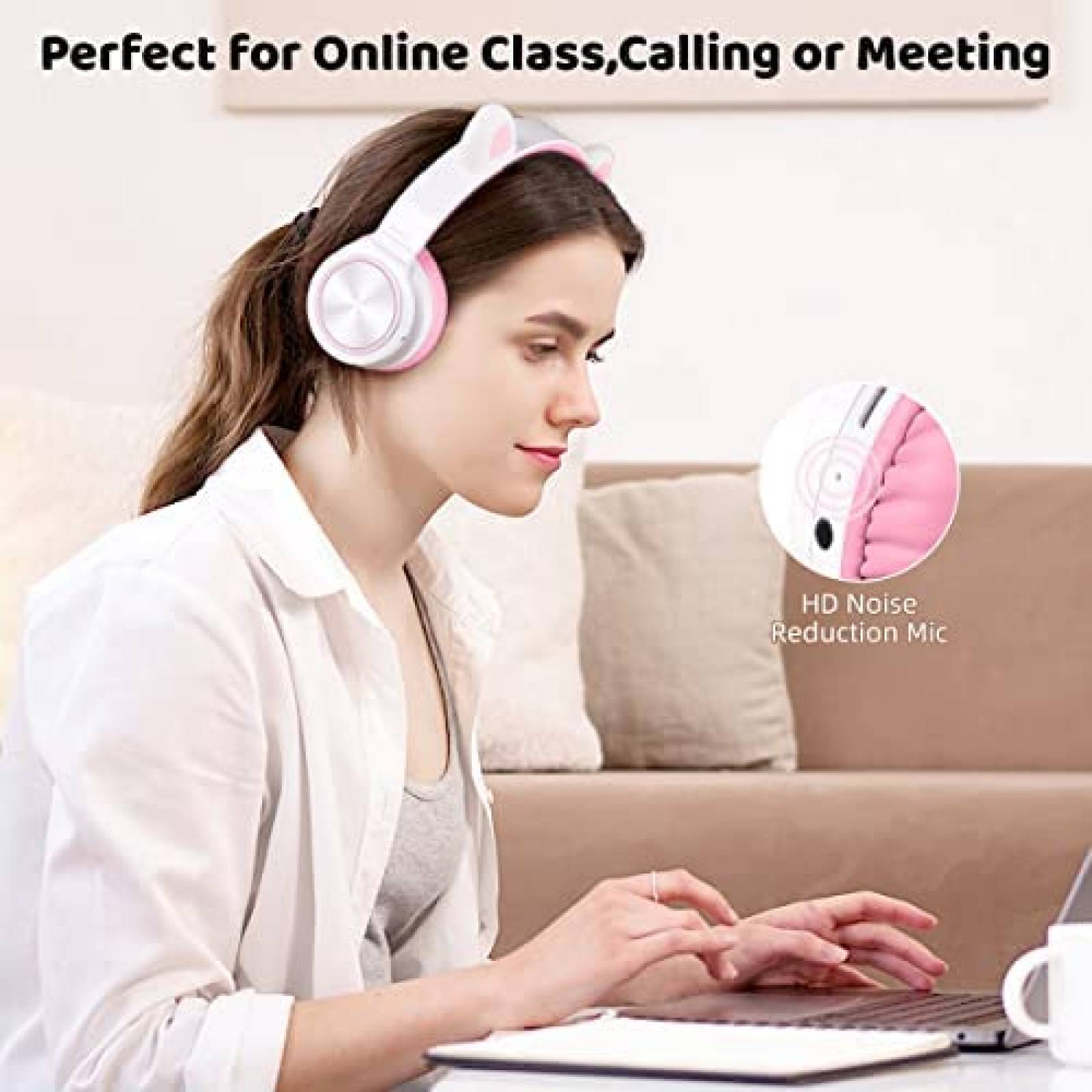 Audifonos Pincun Cat Ear Inalambricos Con Microfono -Rosa