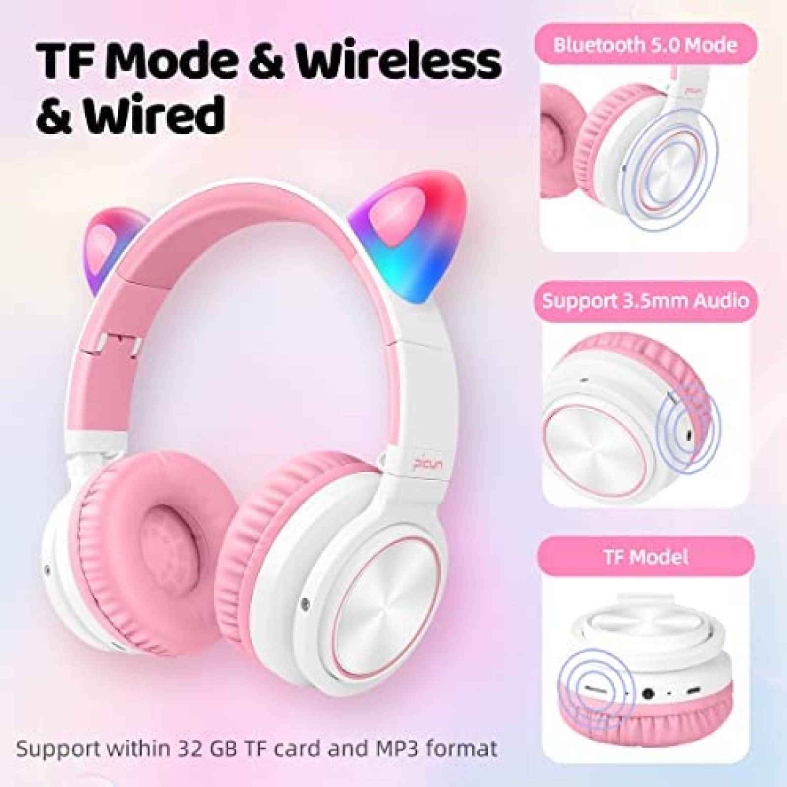 Audifonos Pincun Cat Ear Inalambricos Con Microfono -Rosa