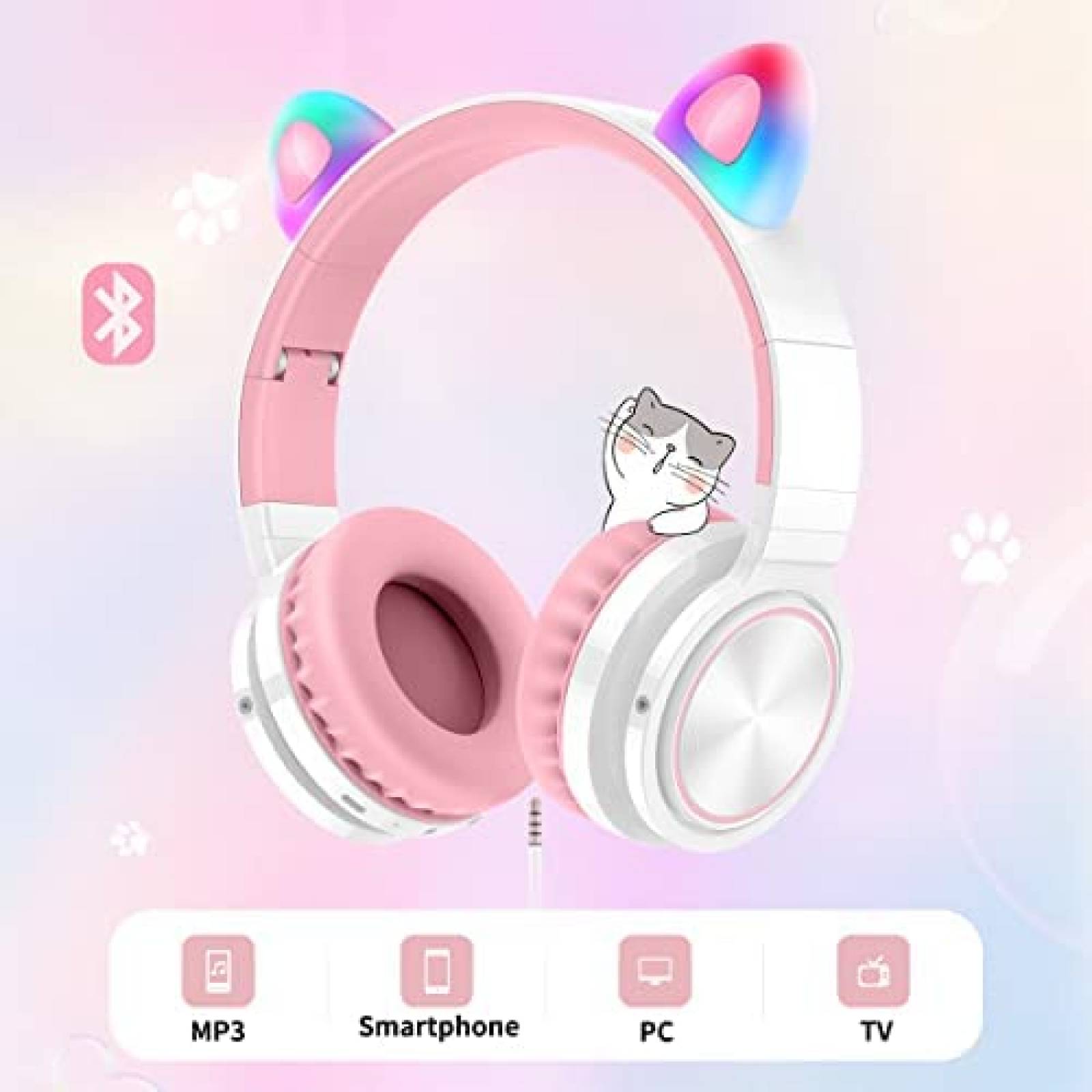 Audifonos Pincun Cat Ear Inalambricos Con Microfono -Rosa