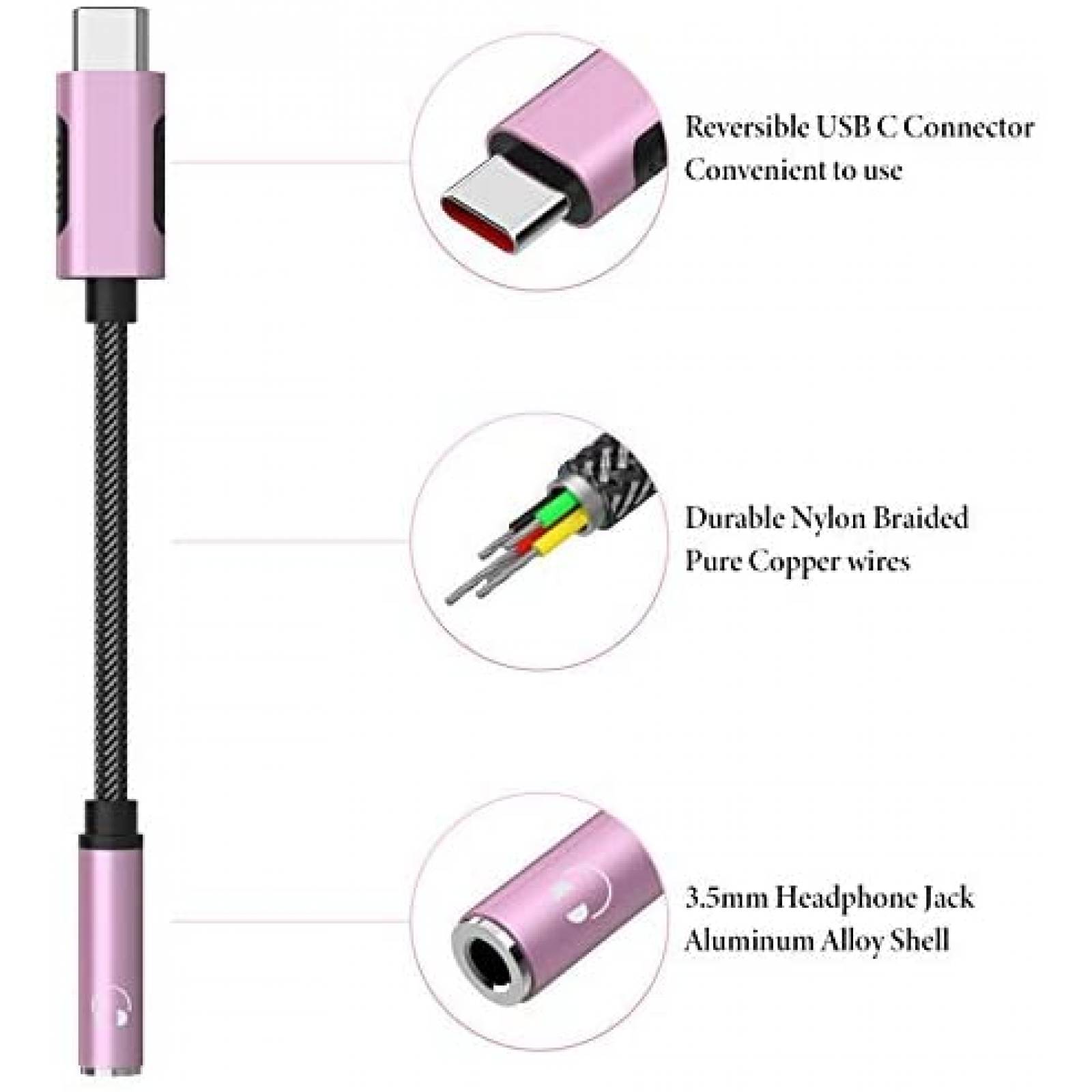 Adaptador APETOO USB-C a Auxiliar 3.5mm para Audifonos -Rosa