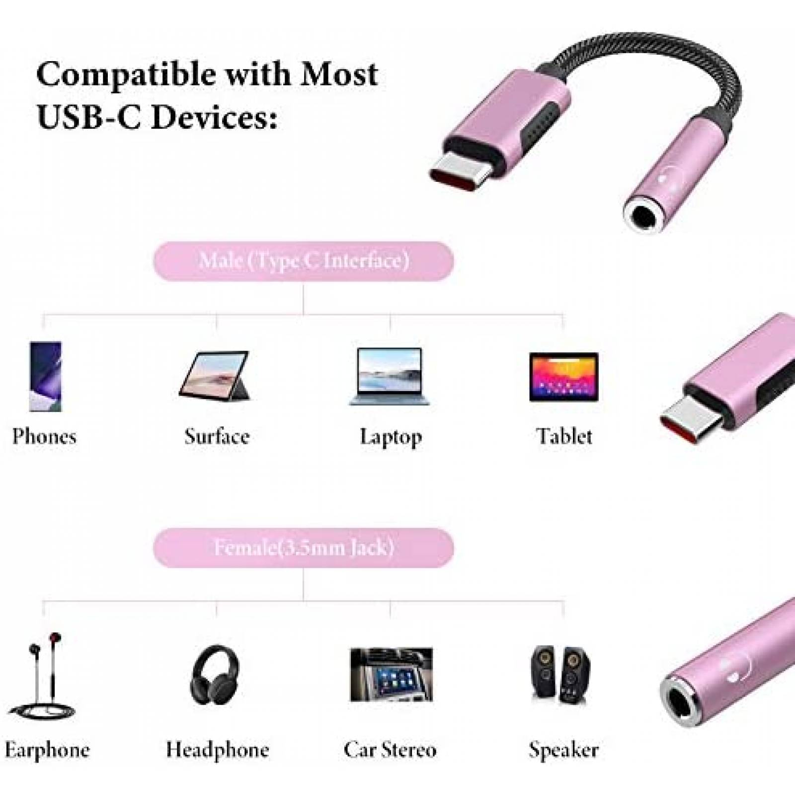 Adaptador APETOO USB-C a Auxiliar 3.5mm para Audifonos -Rosa