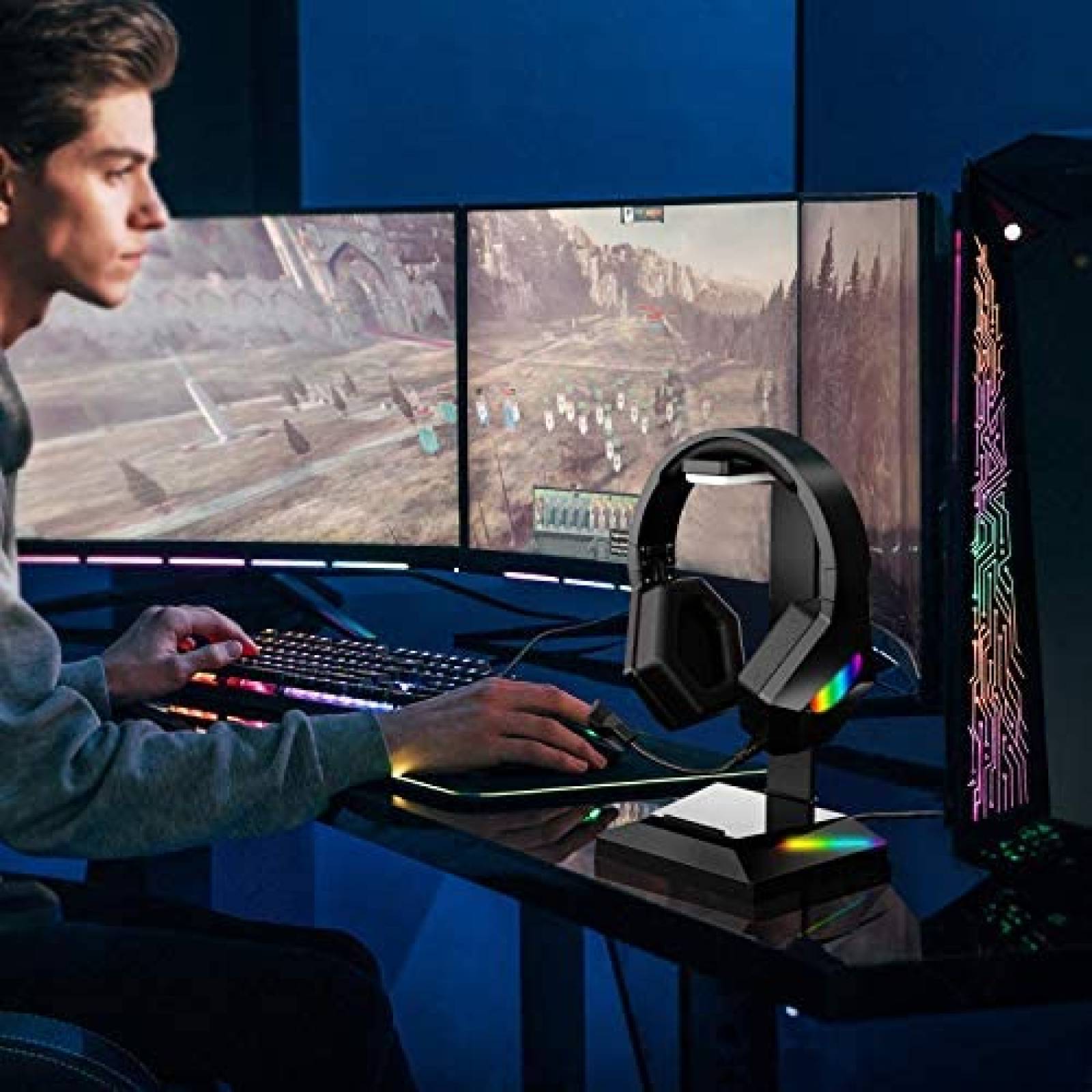 Soporte para Audifonos APPHOME Luces RGB USB 2.0 -Negro