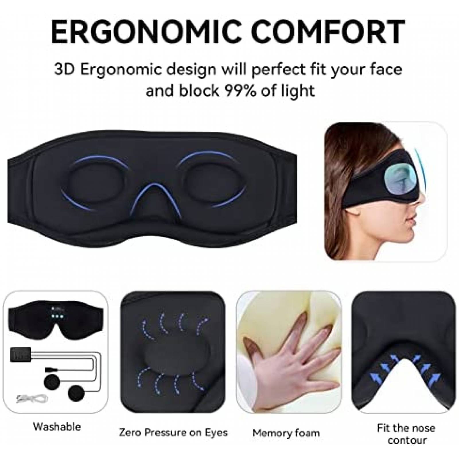 Auriculares para dormir, con ruido blanco, Bluetooth, máscara para dormir  con música 3D, máscara de ojos para dormir de lado, máscara de dormir con