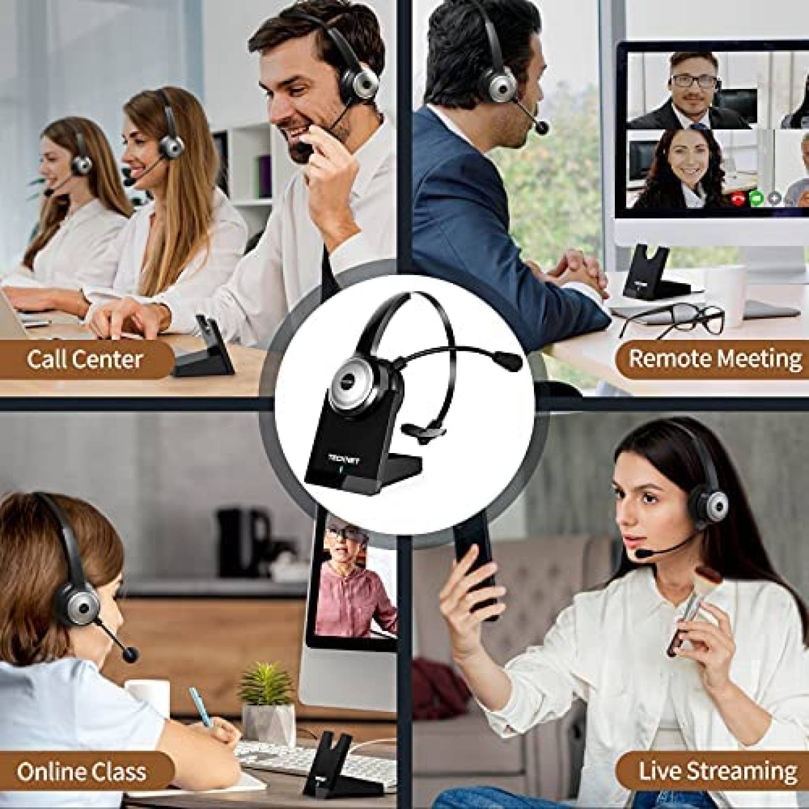 Headset de Oficina TECKNET Bluetooth 5.0 Retractil -Negro