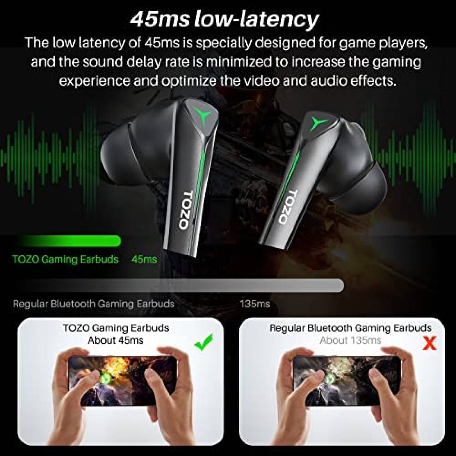 Auriculares TOZO TOZO-G1 Gaming Bluetooth Compatible -Negro