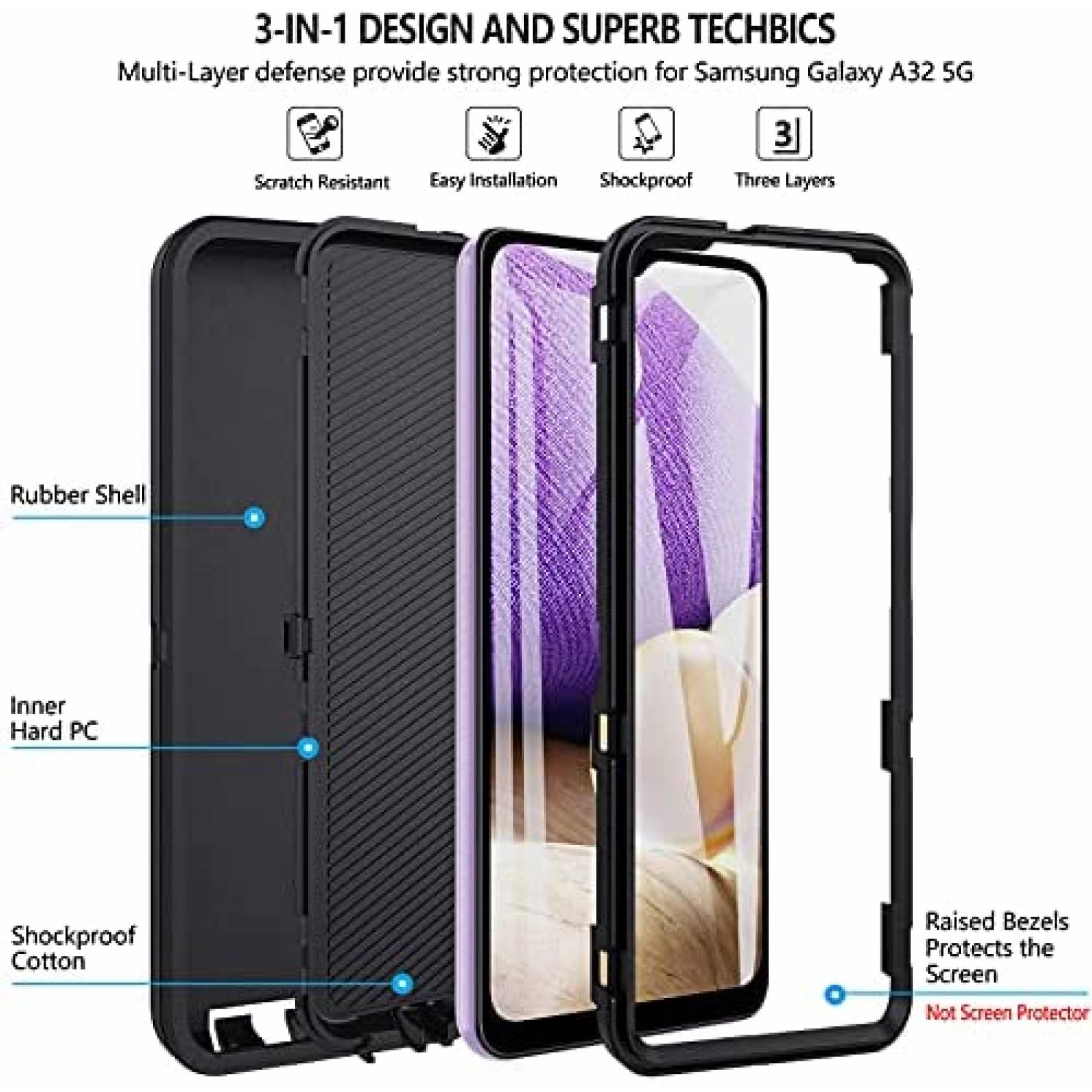 Funda Rigida Kuaguozhe para Samsung A32 5G 3 en 1 -Negro