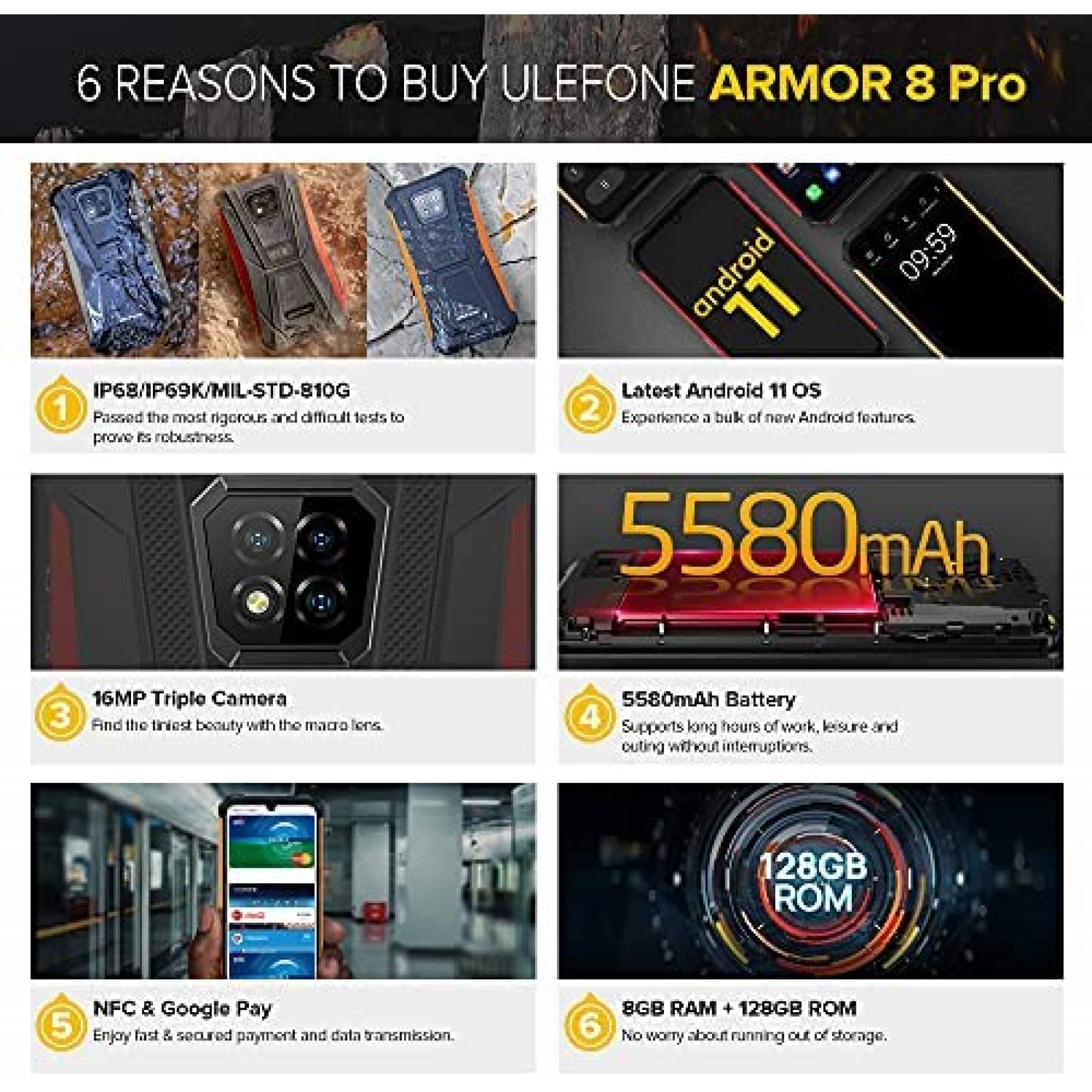 Celular Ulefone Armor 8 Pro 6.1'' 8GB+128GB 16MP -Negro