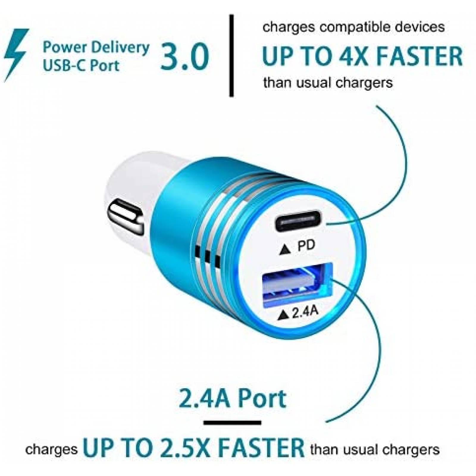 Cargador/cable usb c para auto ABCPOW 18W carga rapida -azul
