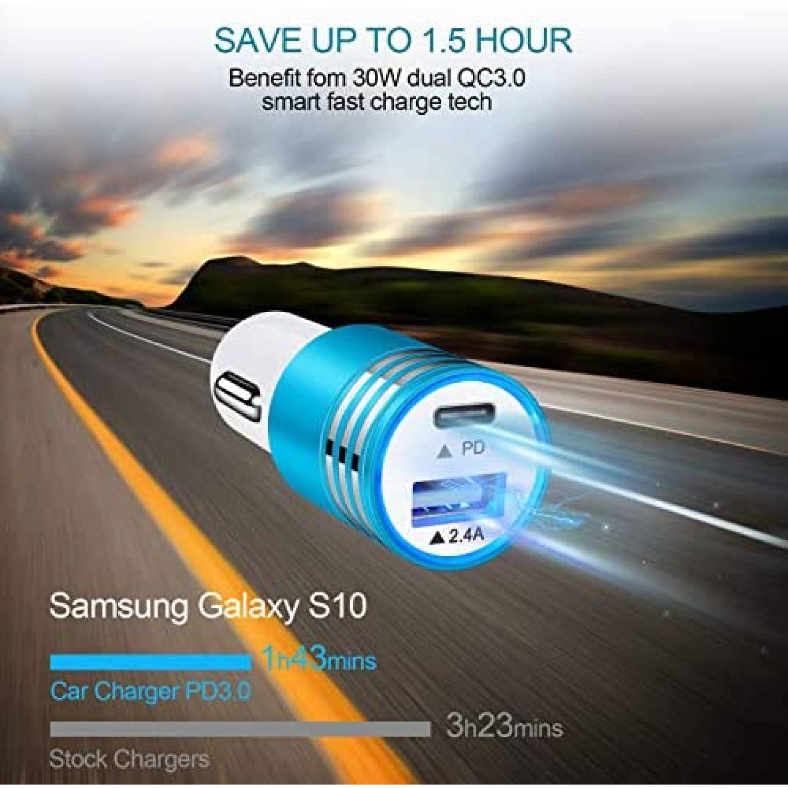 Cargador/cable usb c para auto ABCPOW 18W carga rapida -azul