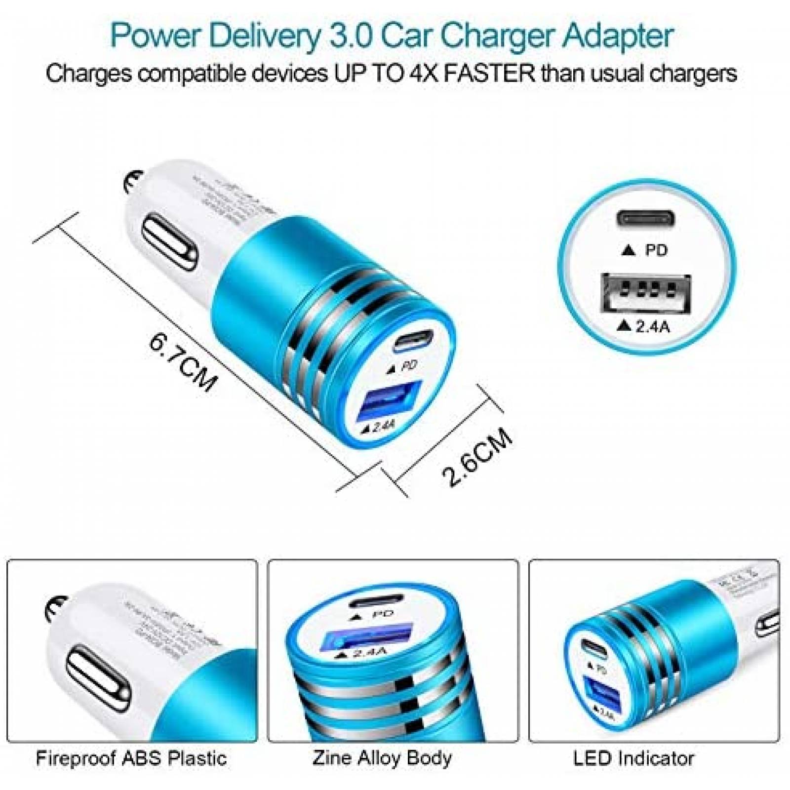 Cargador/cable usb c para auto ABCPOW 18W carga rapida -azul