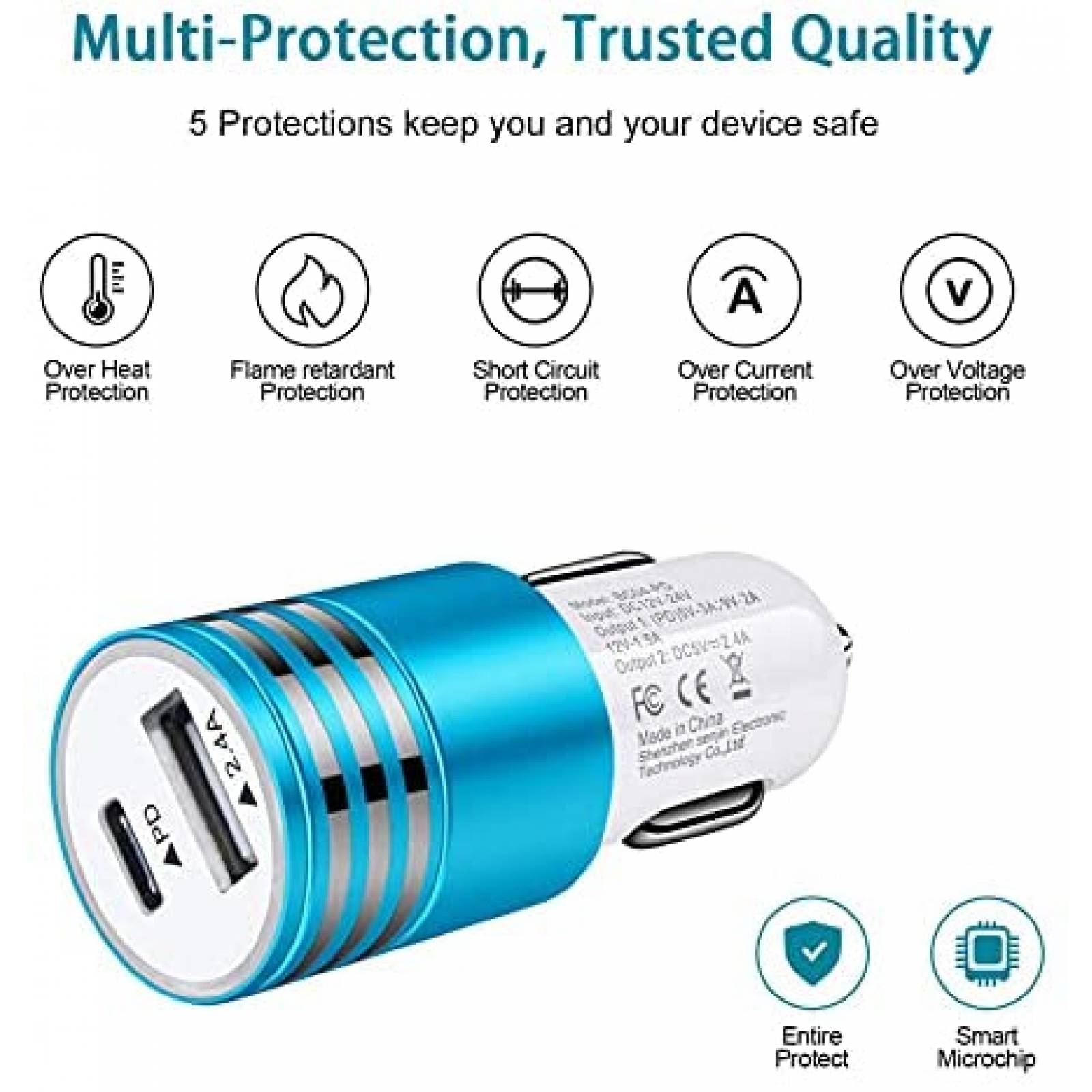 Cargador/cable usb c para auto ABCPOW 18W carga rapida -azul