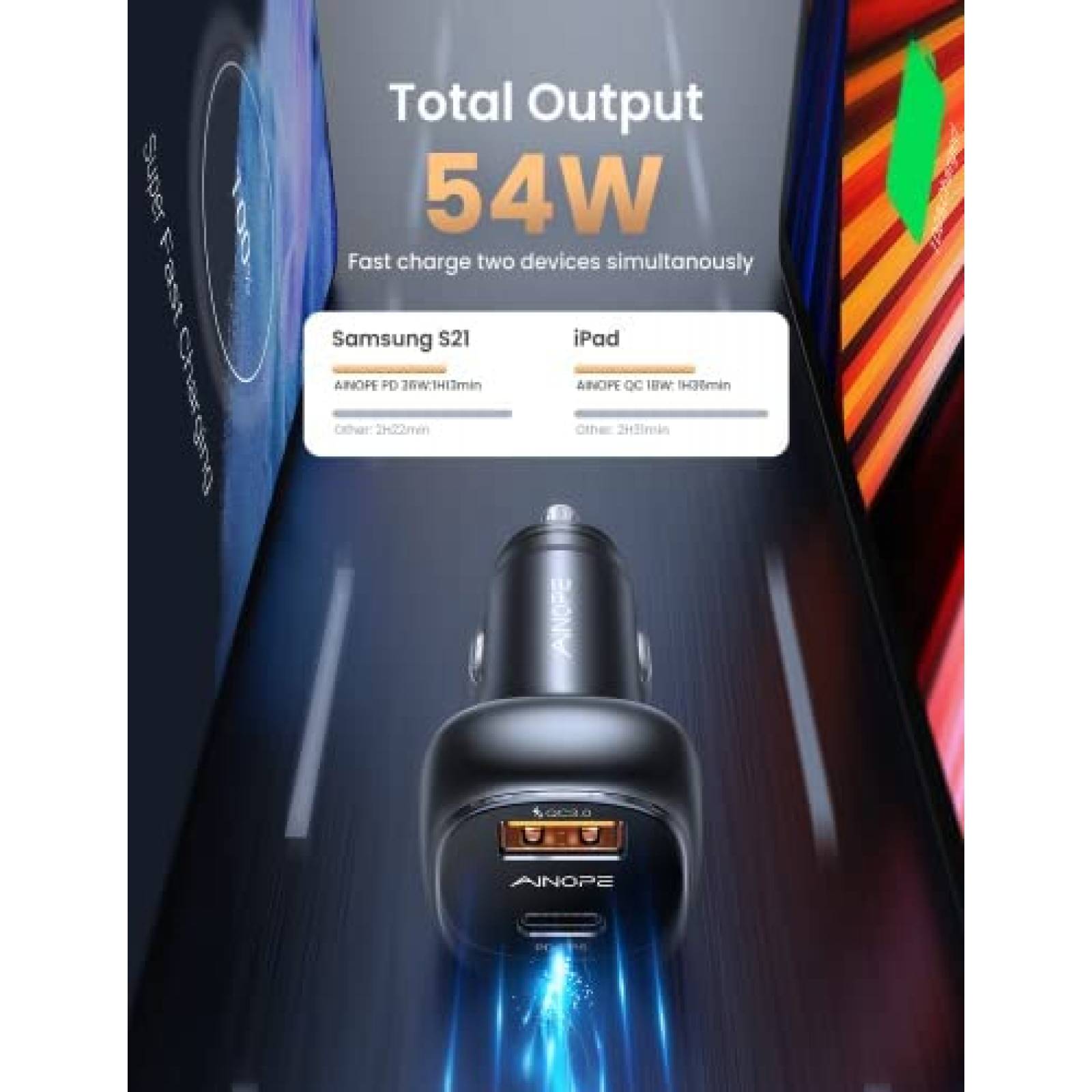 Cargador de Auto USB AINOPE Tipo C 54W en Total -Negro