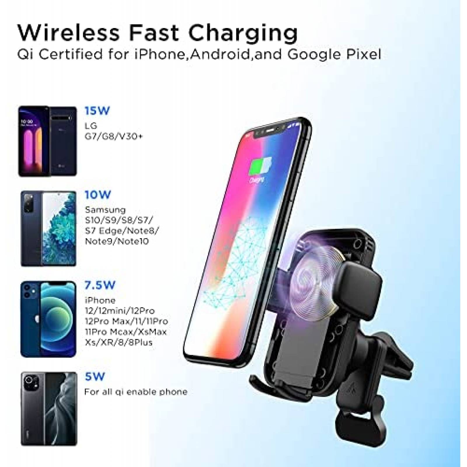 Cargador Magnetico para Auto HTC para iPhone/Galaxy -Negro