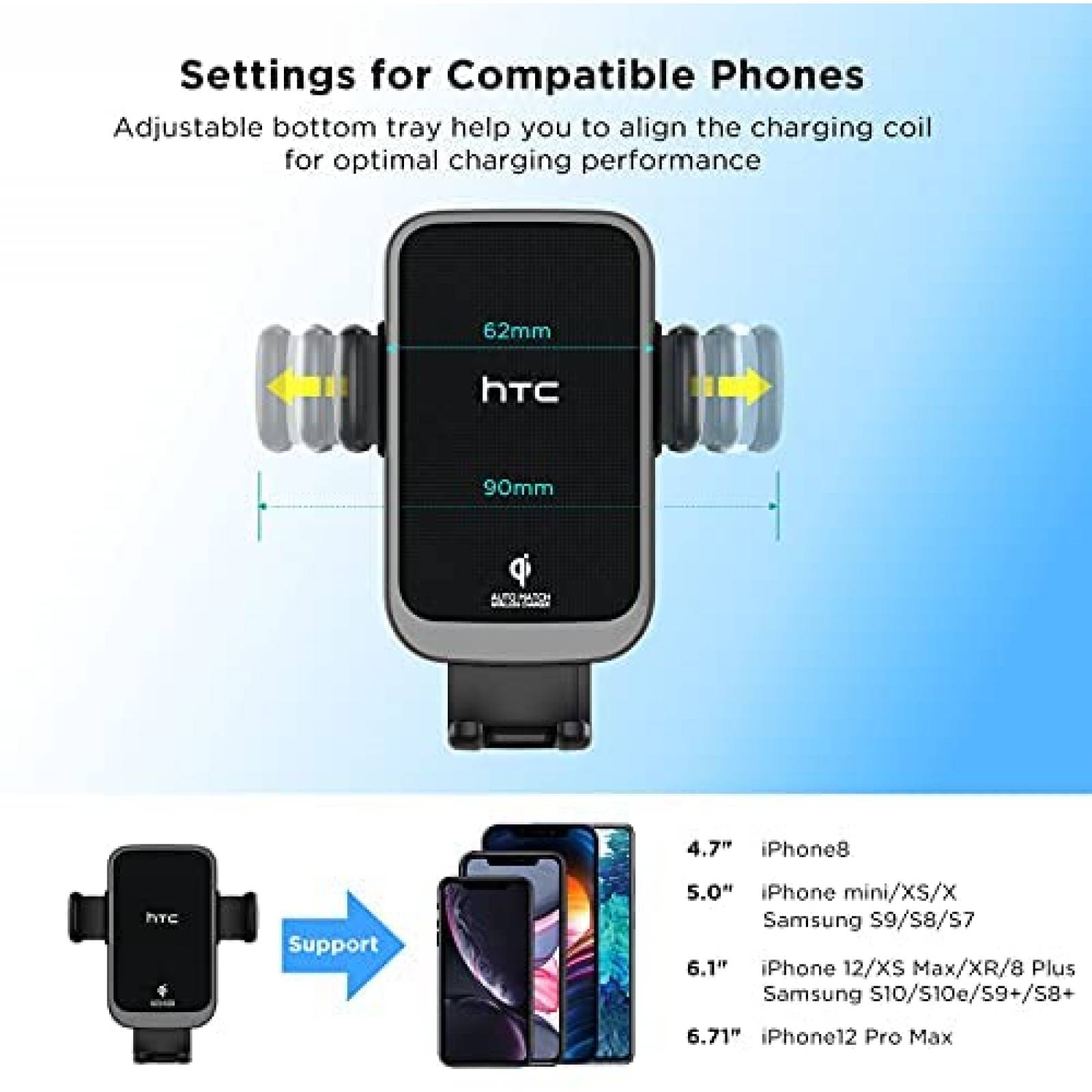Cargador Magnetico para Auto HTC para iPhone/Galaxy -Negro