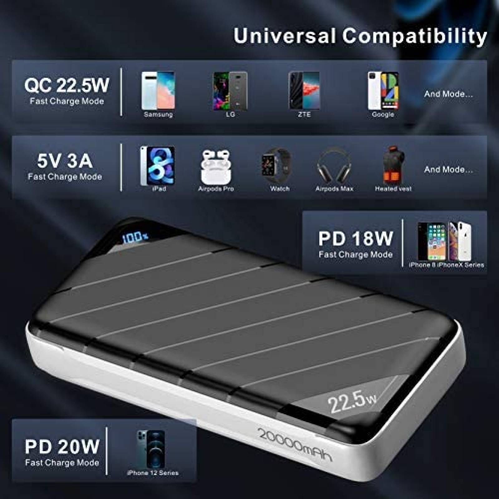 Power Bank KONFULON Portatil 20000mah 5 voltios -Negro