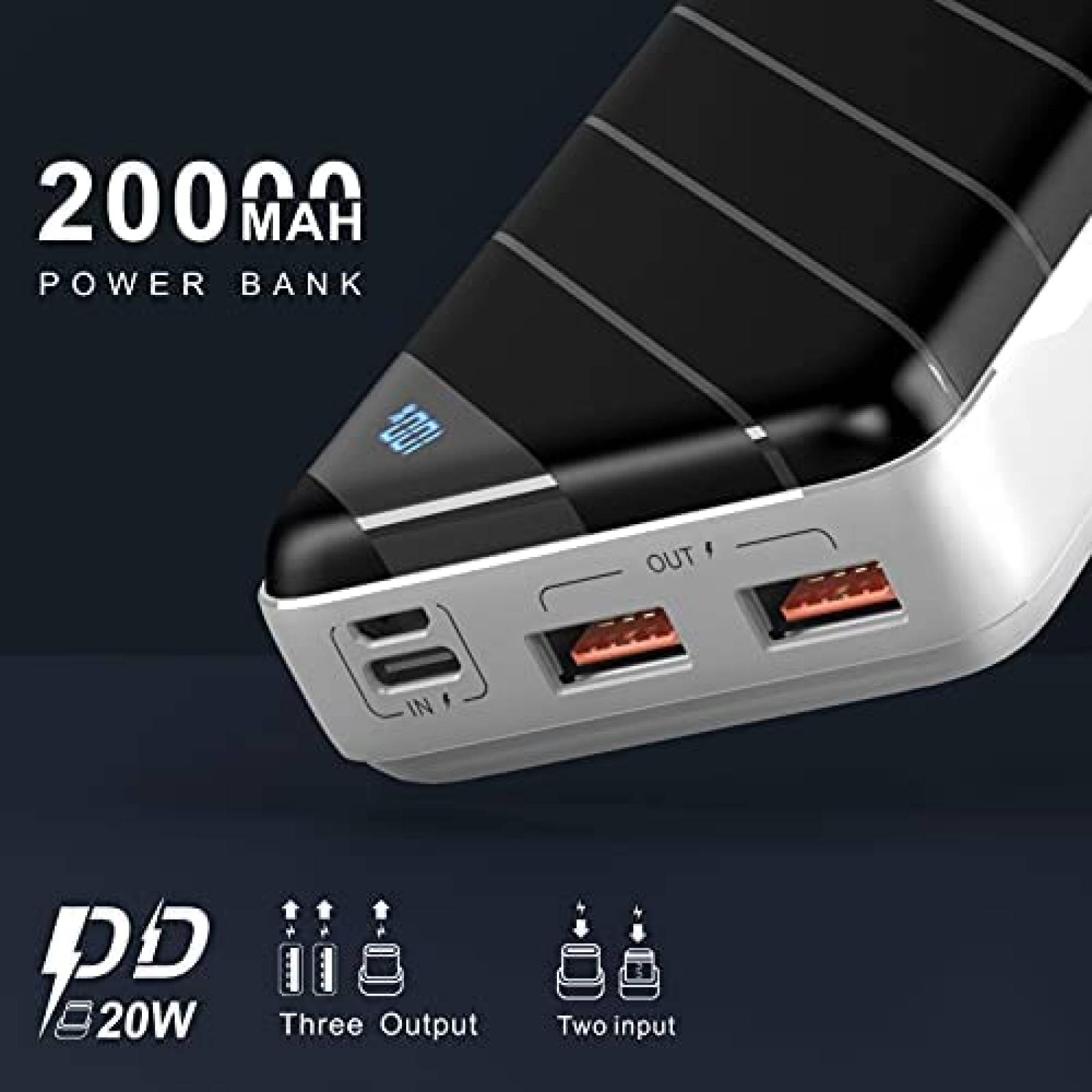Power Bank KONFULON Portatil 20000mah 5 voltios -Negro