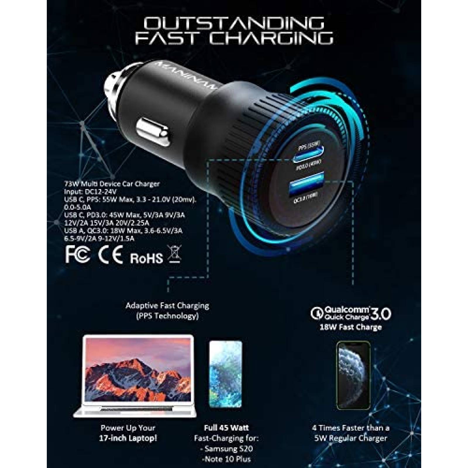 Adaptador MANINAM De Coche Para Cable de Carga USB C -Negro