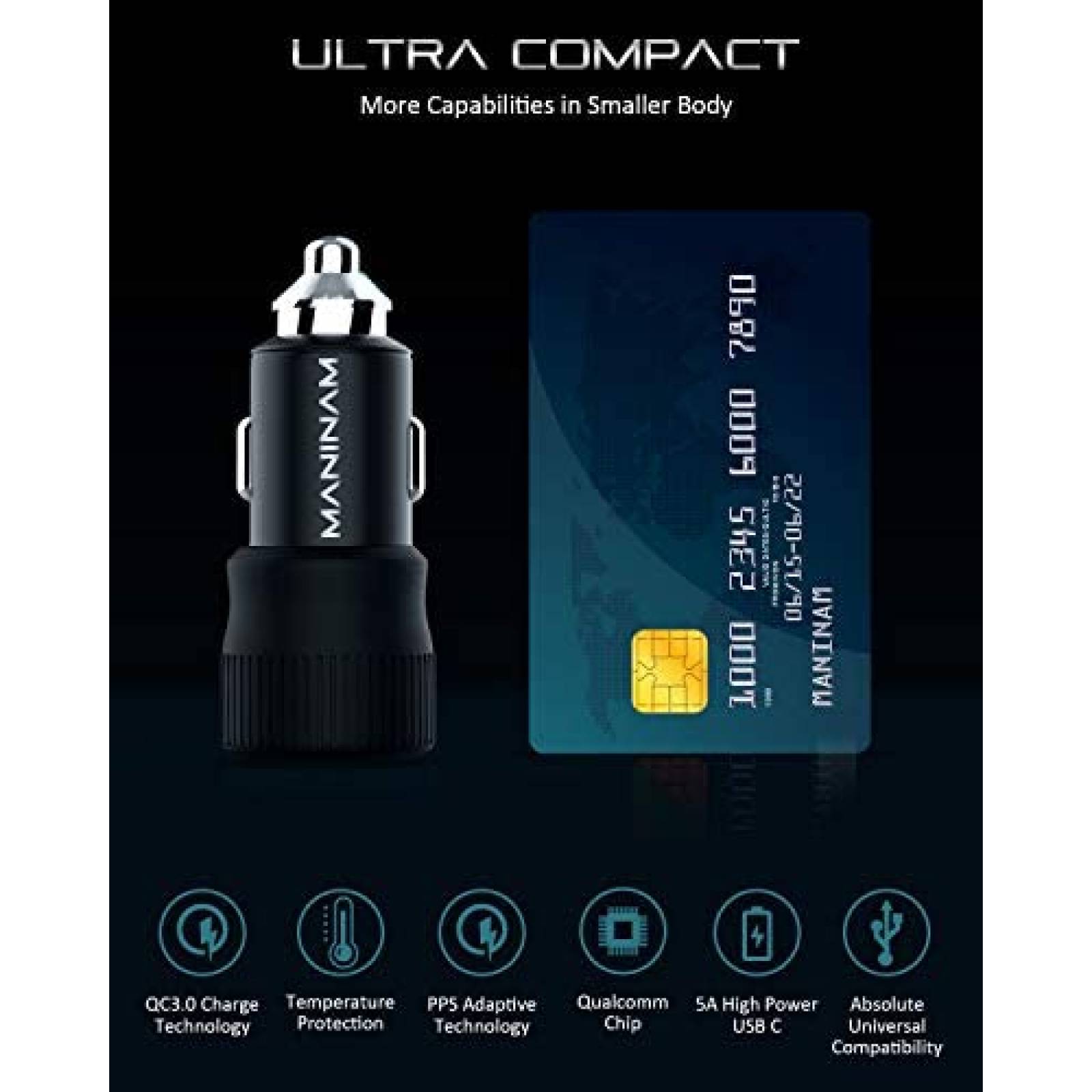 Adaptador MANINAM De Coche Para Cable de Carga USB C -Negro