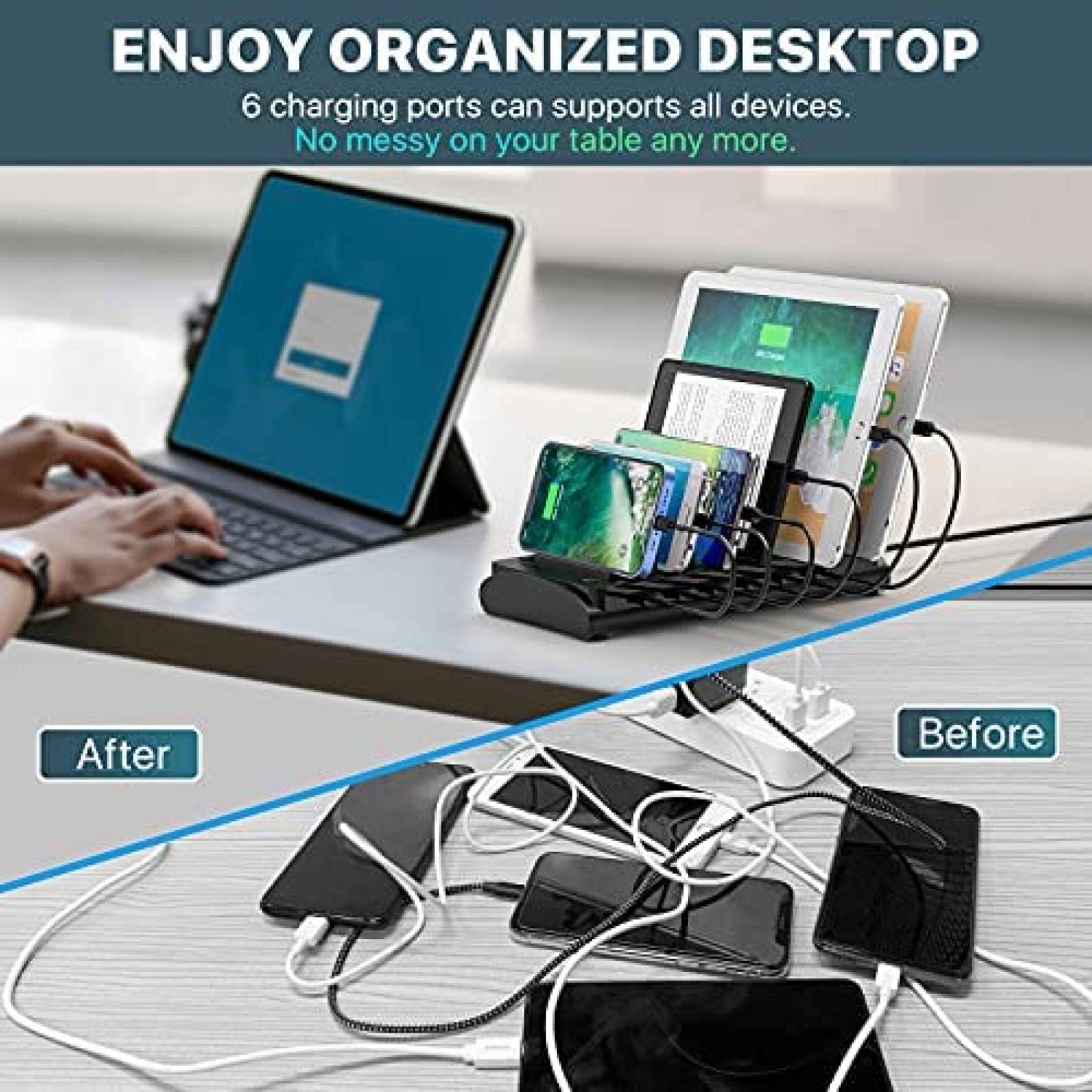 Estacion de Carga Powstick con 6 Puertos USB -Negro