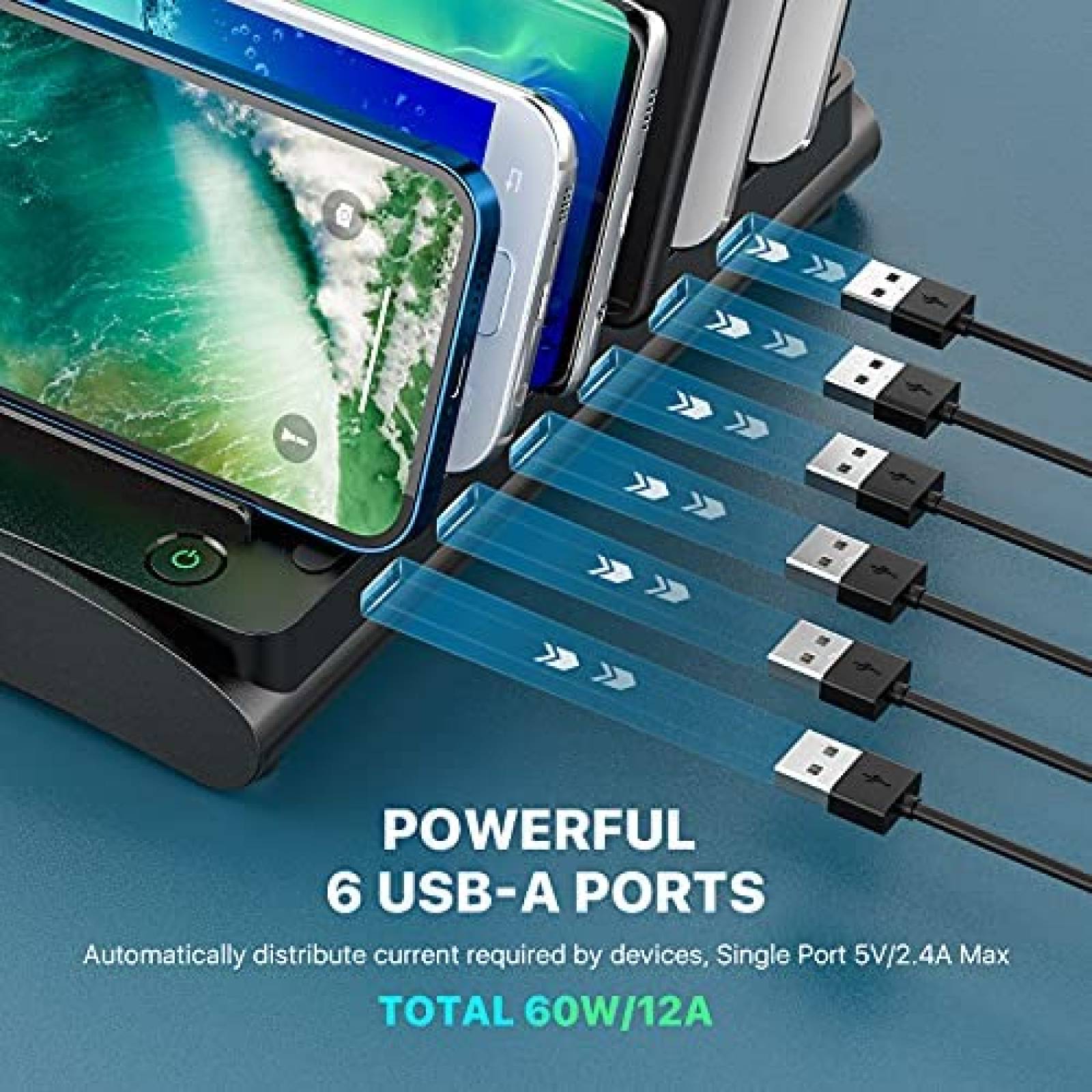 Estacion de Carga Powstick con 6 Puertos USB -Negro