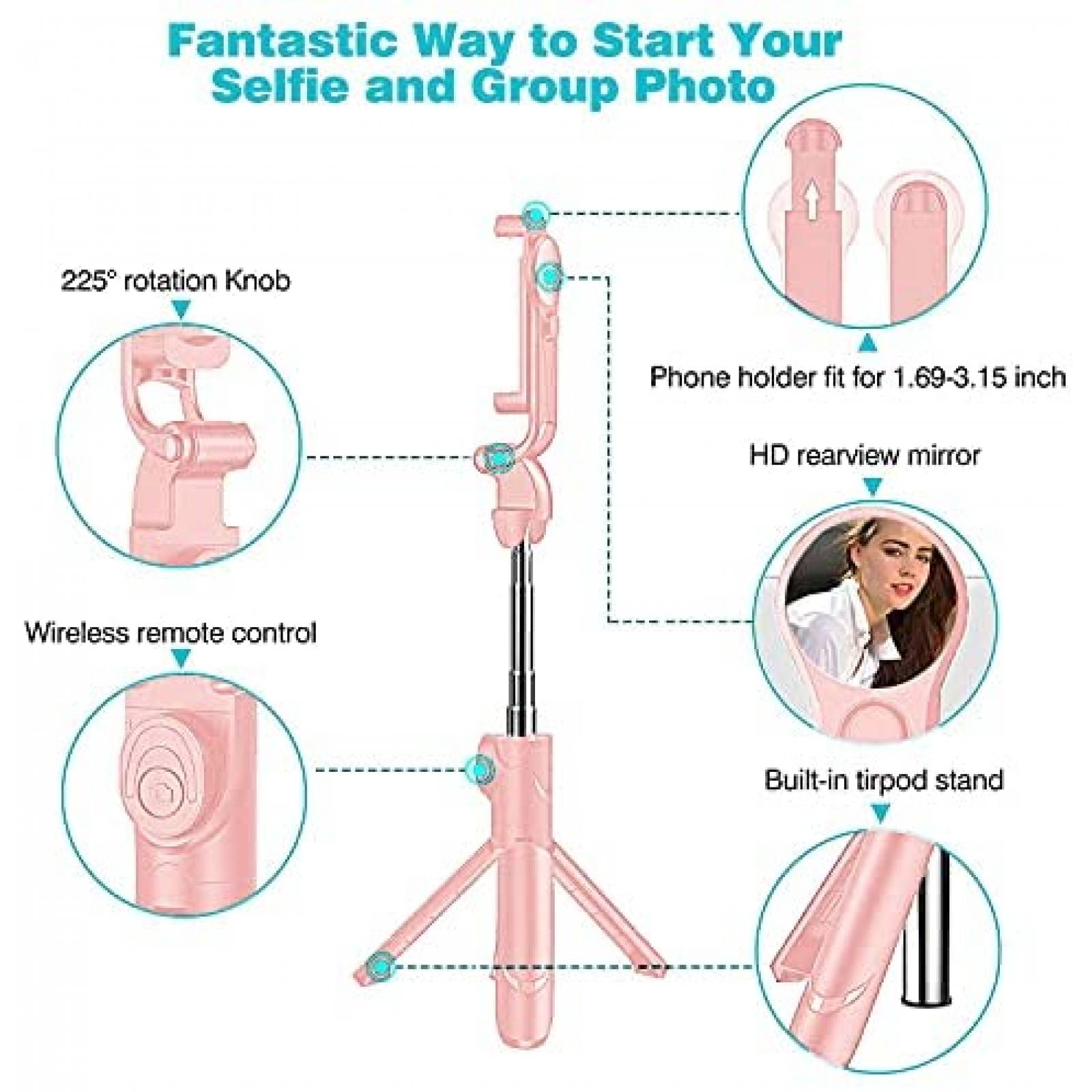 Selfie stick inalambrico Rirool ajustable con tripoide -Rosa