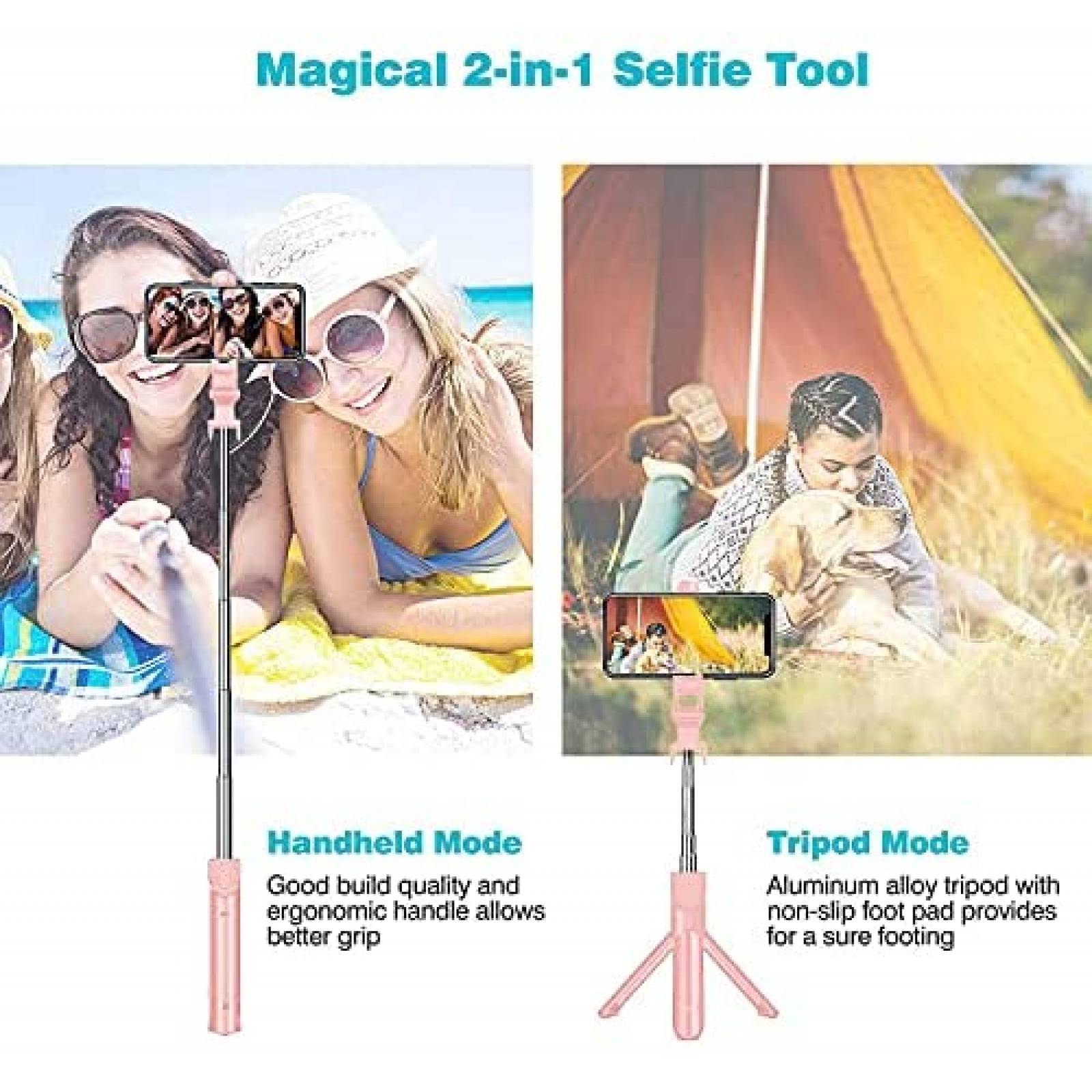 Selfie stick inalambrico Rirool ajustable con tripoide -Rosa