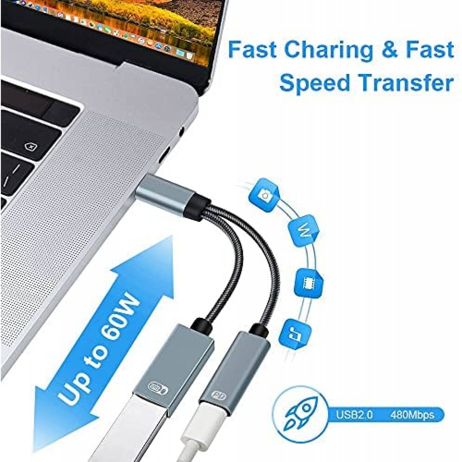 Cable Cargador Sinstar 2 en 1 USB 2.0 y USB-C 60W -Gris