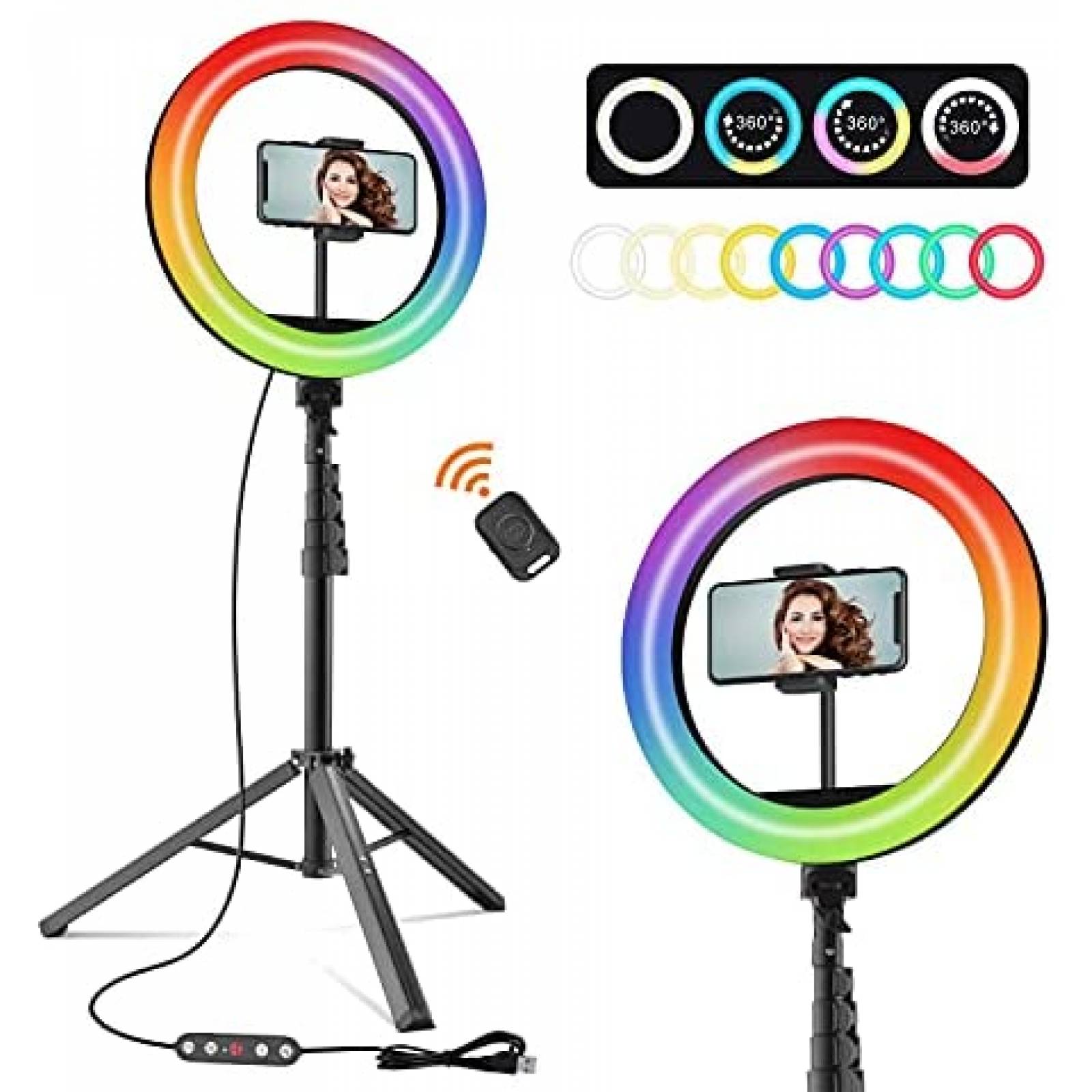  TODI Anillo de luz de 12 pulgadas con soporte de trípode  extensible de 63 pulgadas, anillo de luz para selfie con soporte para  teléfono y control remoto, 【2 en 1】 Anillo