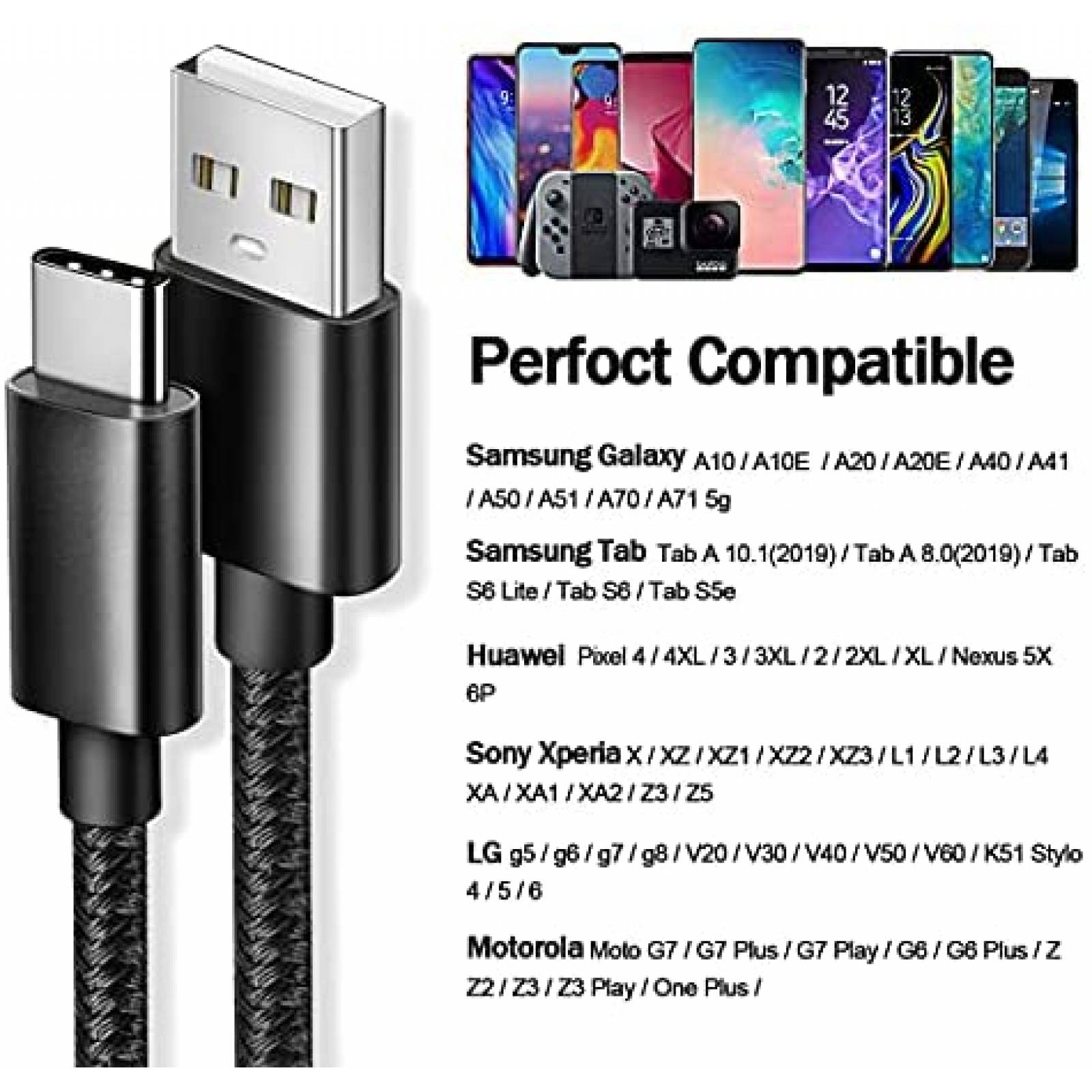 Cable Cargador UDATON 2 unidaes USB C 10 pies Compatible