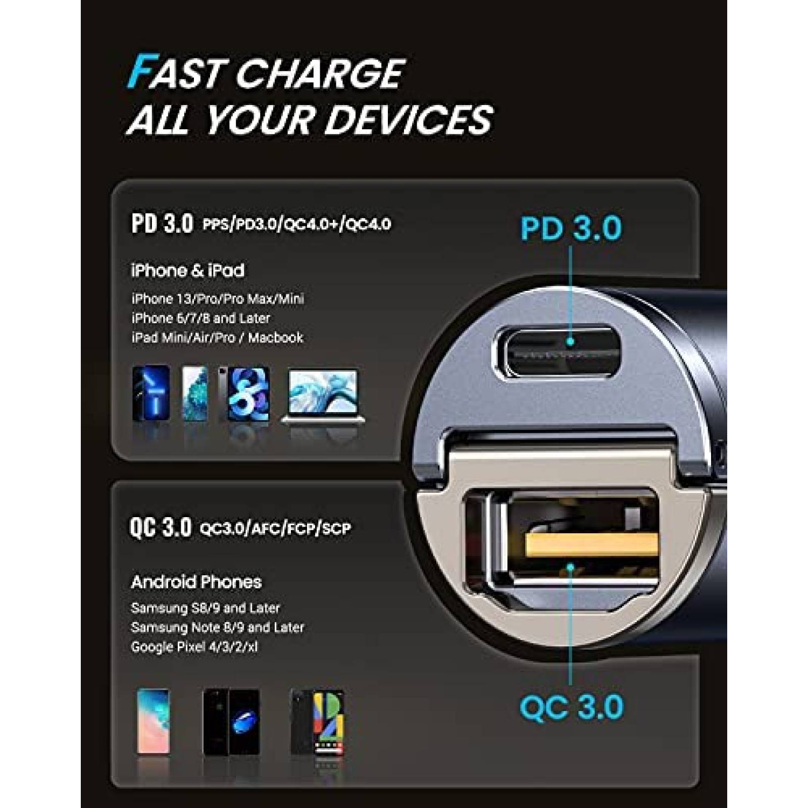 Adaptador AINOPE Cargador USB Para Coche Carga Rapida-Silver