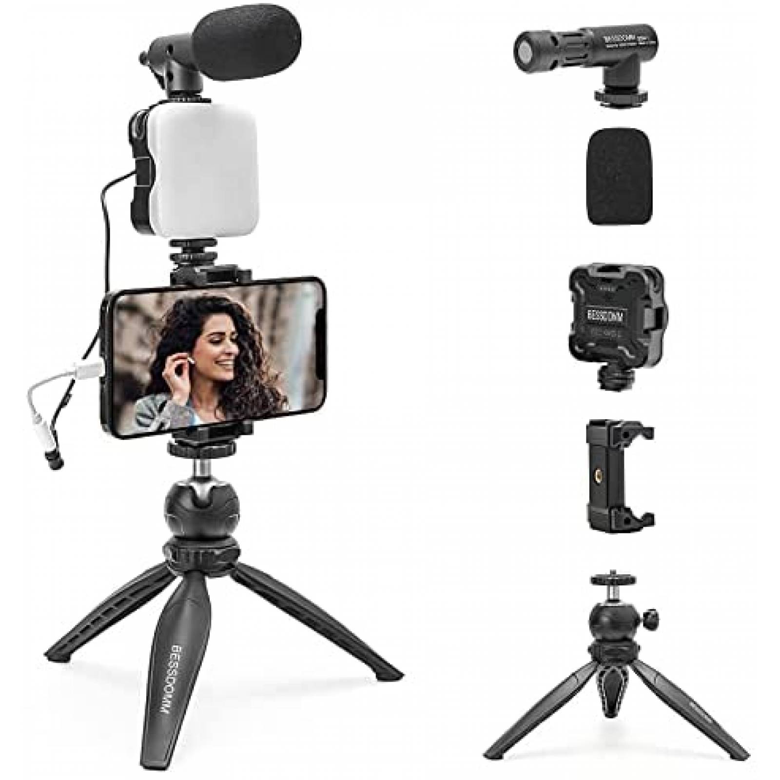 Kit Blogger BESSDOMM Microfono con Tripie y Luz de Video