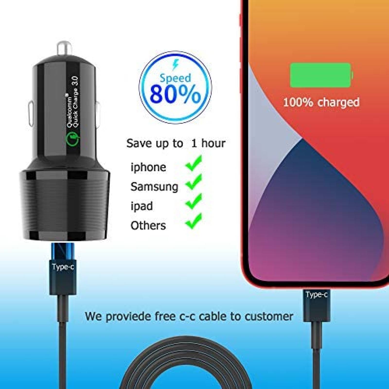 Cargador Auto Ultra Rápido 3 Amp Usb Duo + Cable Usb Tipo C