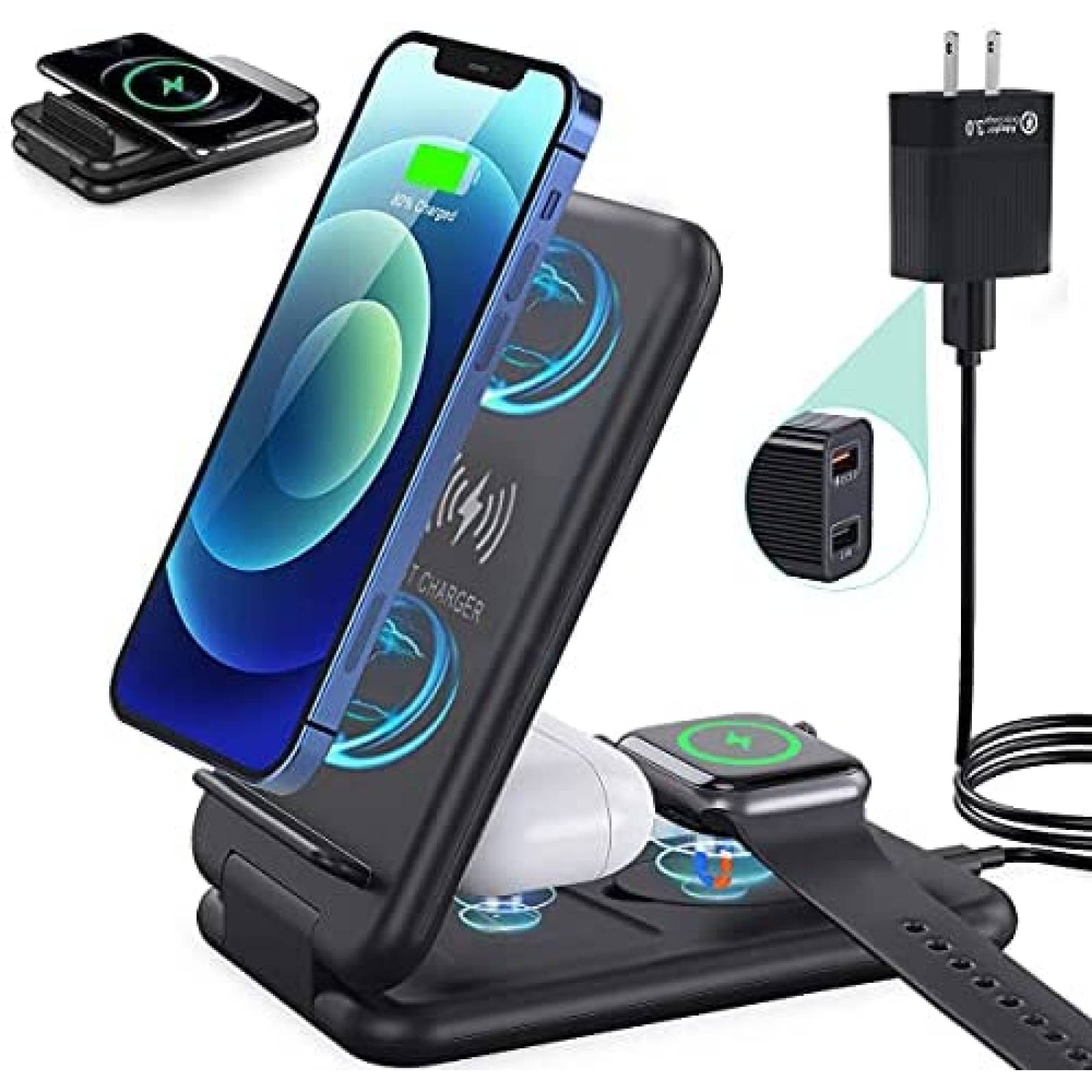 Estacion de carga inalambrica IDOLCO plegable 3en1 -Negro