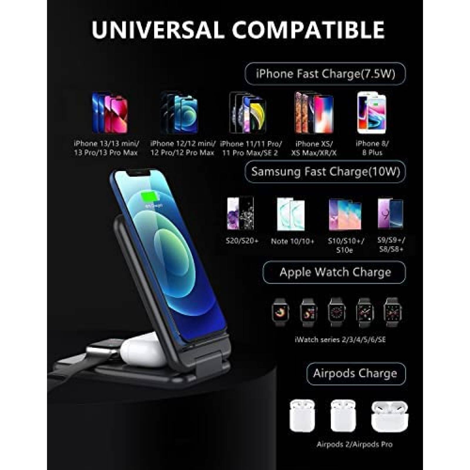 Estacion de carga inalambrica IDOLCO plegable 3en1 -Negro