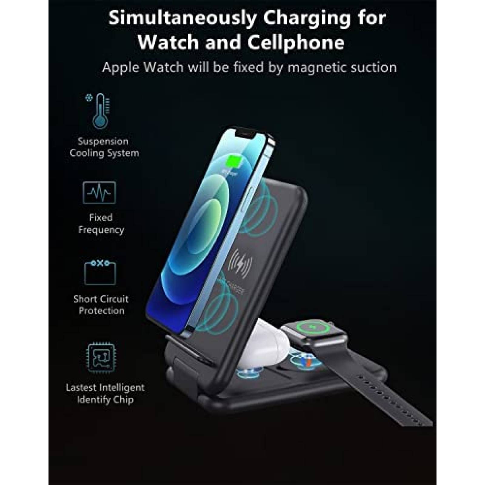 Estacion de carga inalambrica IDOLCO plegable 3en1 -Negro