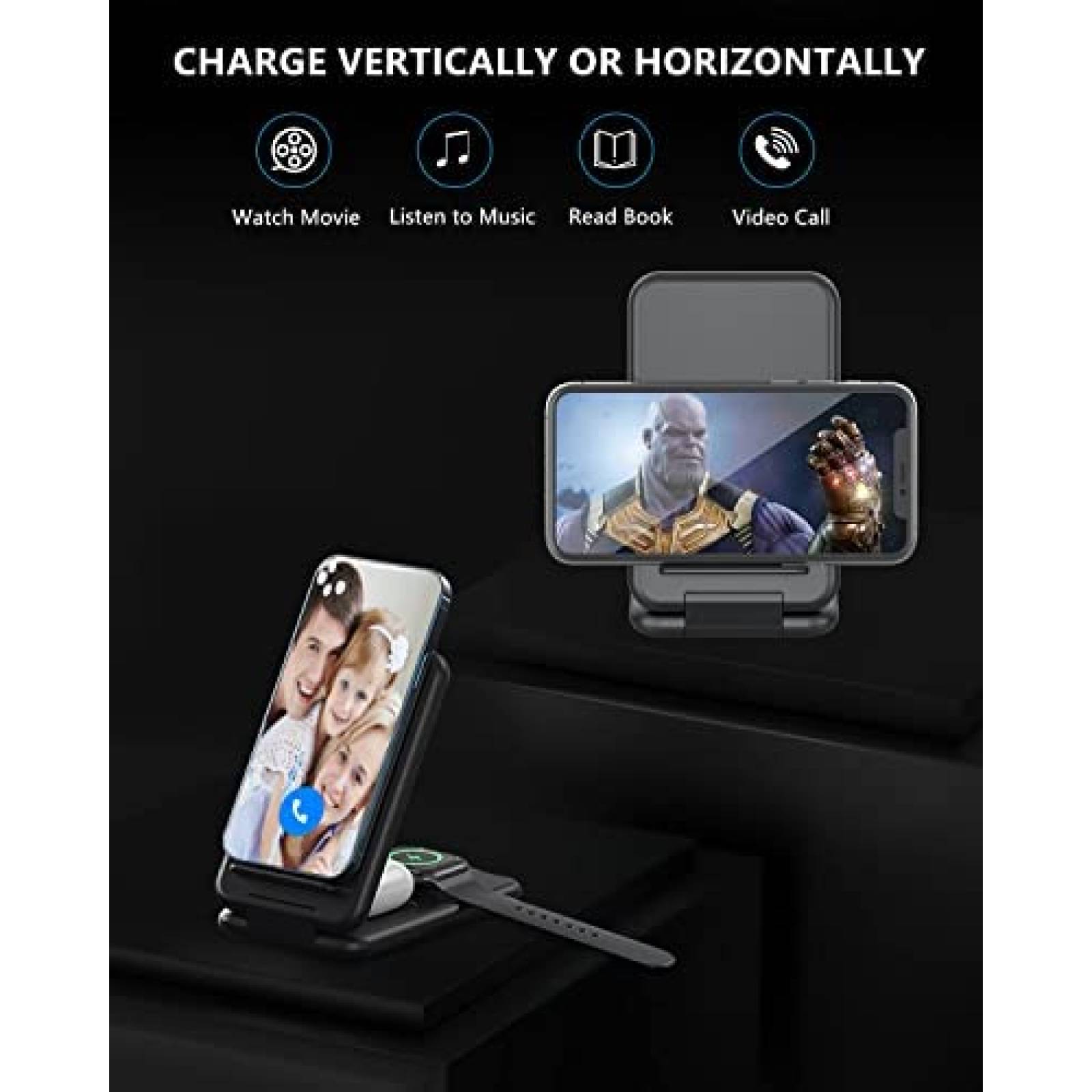 Estacion de carga inalambrica IDOLCO plegable 3en1 -Negro