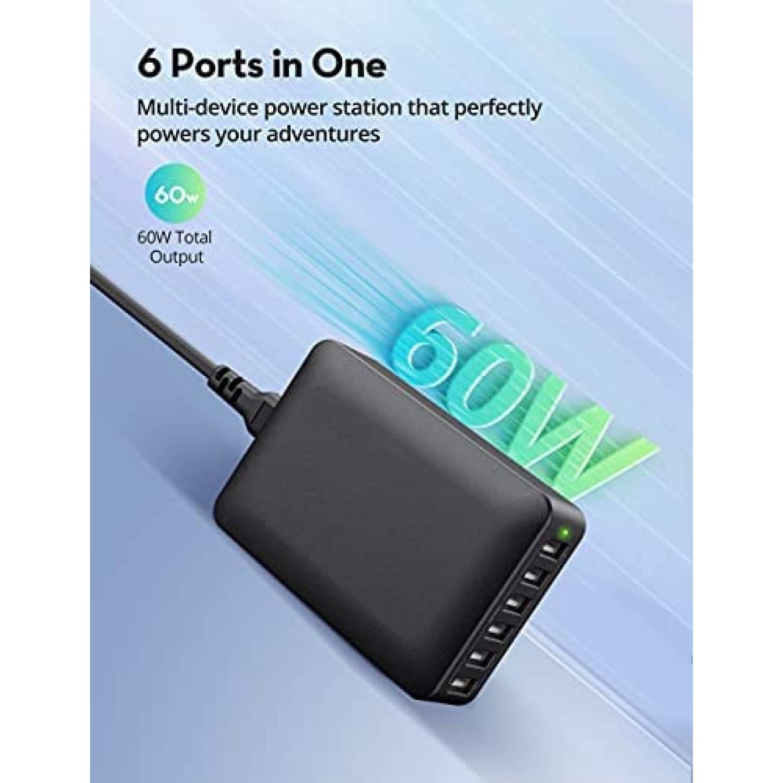 Cargador Multicontactos USB iSmart 60W 12A 6 Puertos -Negro