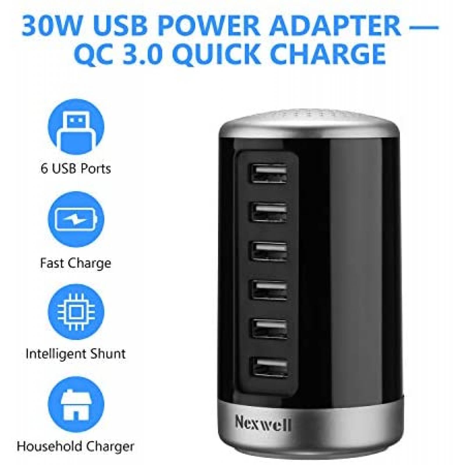 Estacion de carga USB Nexwell 6 PUERTOS 30W -Negro