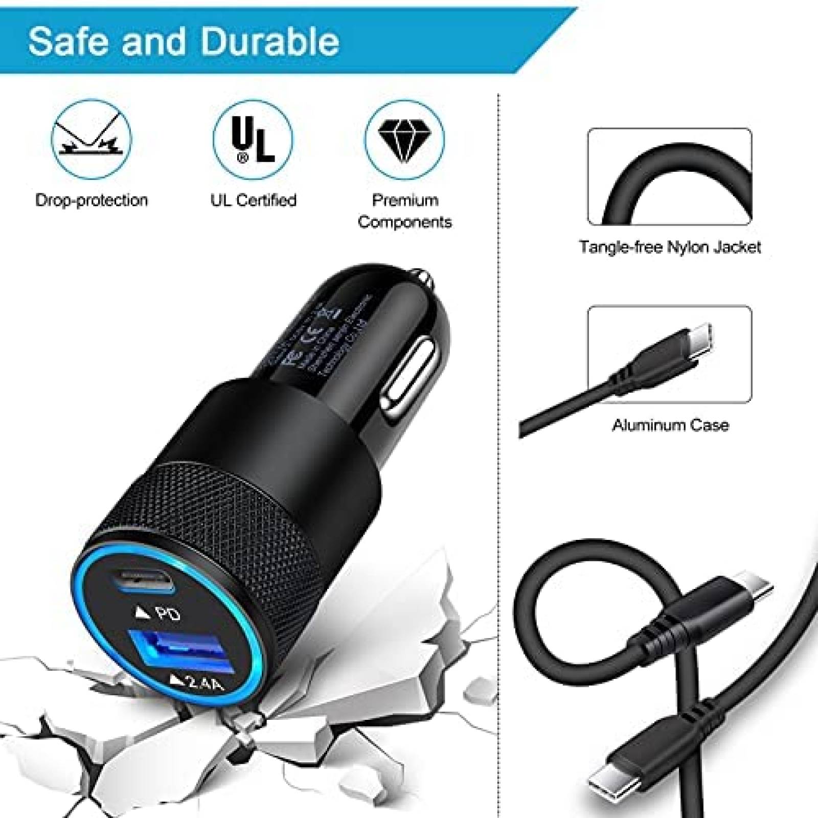 Cargador para auto con cable USB C Ououdee 30W -Negro