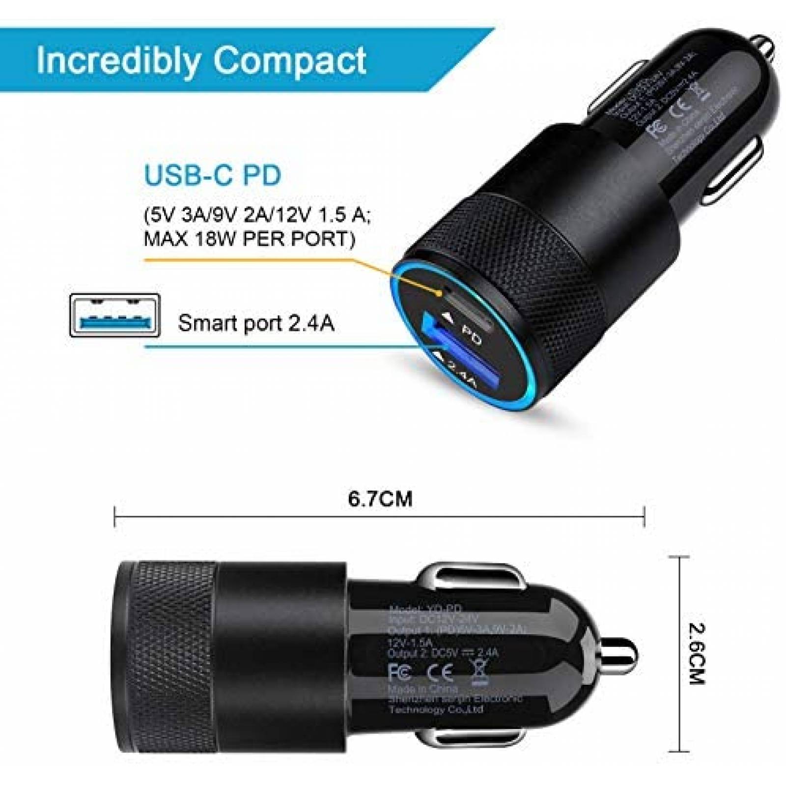 Cargador para auto con cable USB C Ououdee 30W -Negro