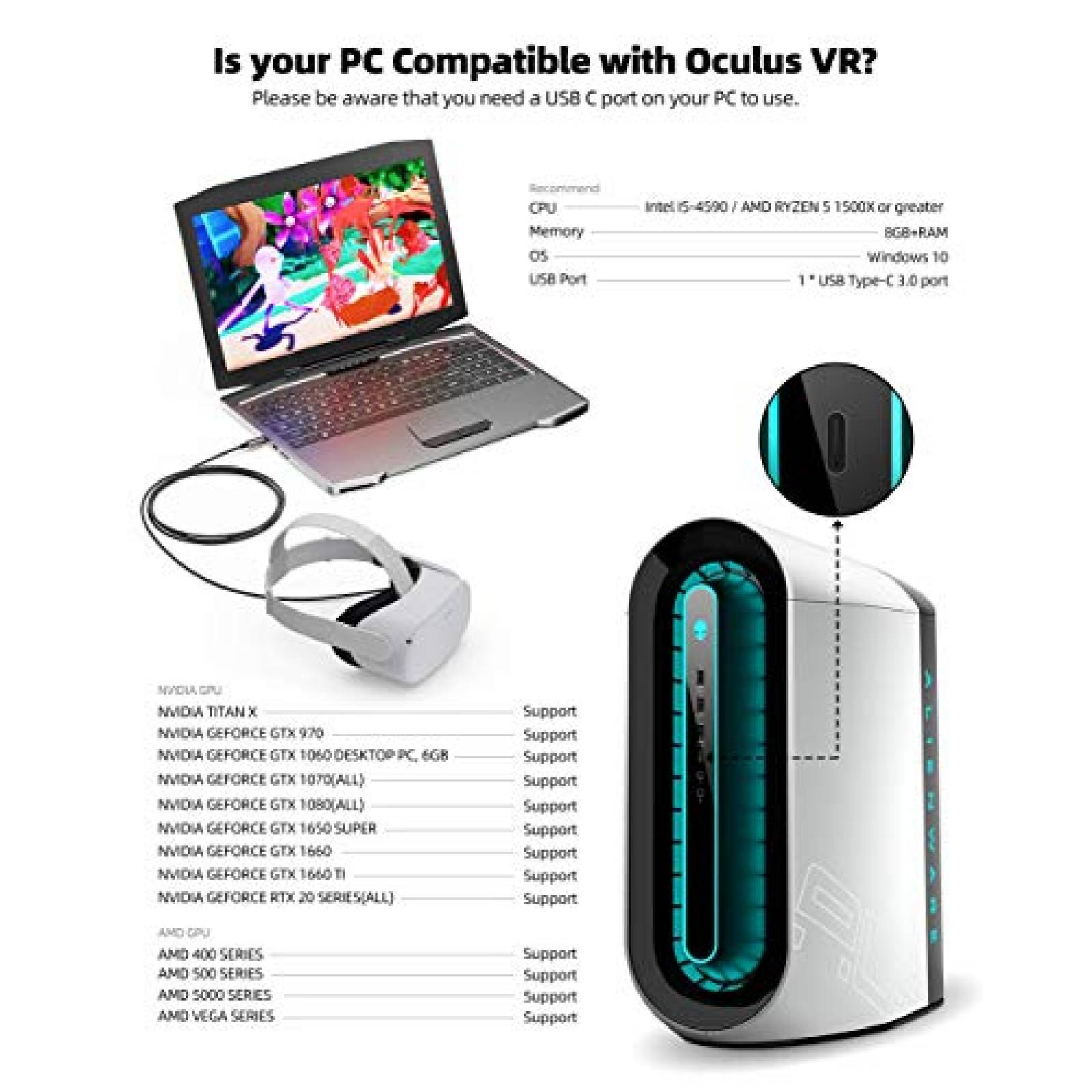 Cable USB Stouchi Oculus Link Tipo C a Tipo A 16ft 5Gbps