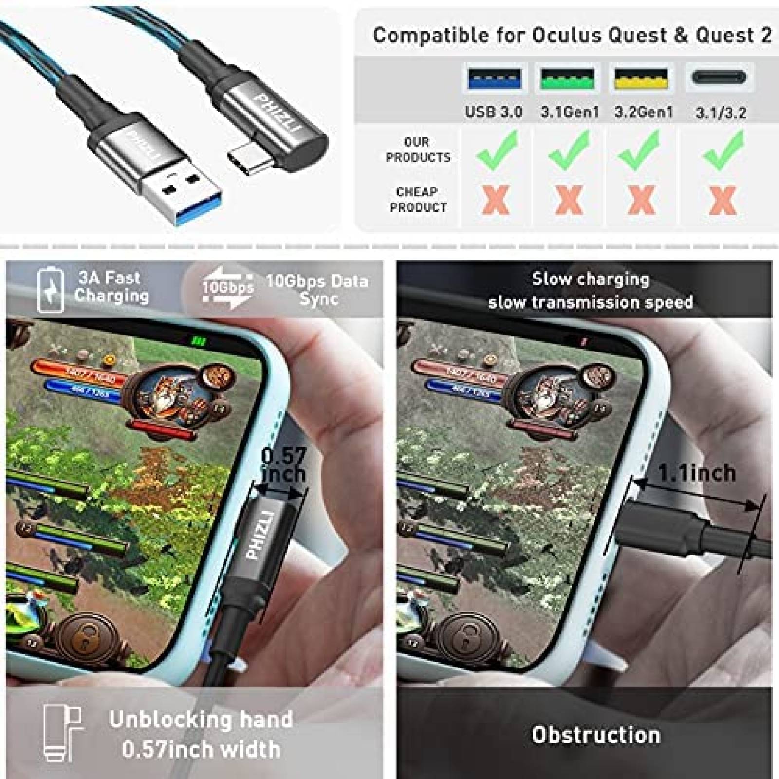 Cable USB c para oculus quest 2 Phizli 16ft -Negro