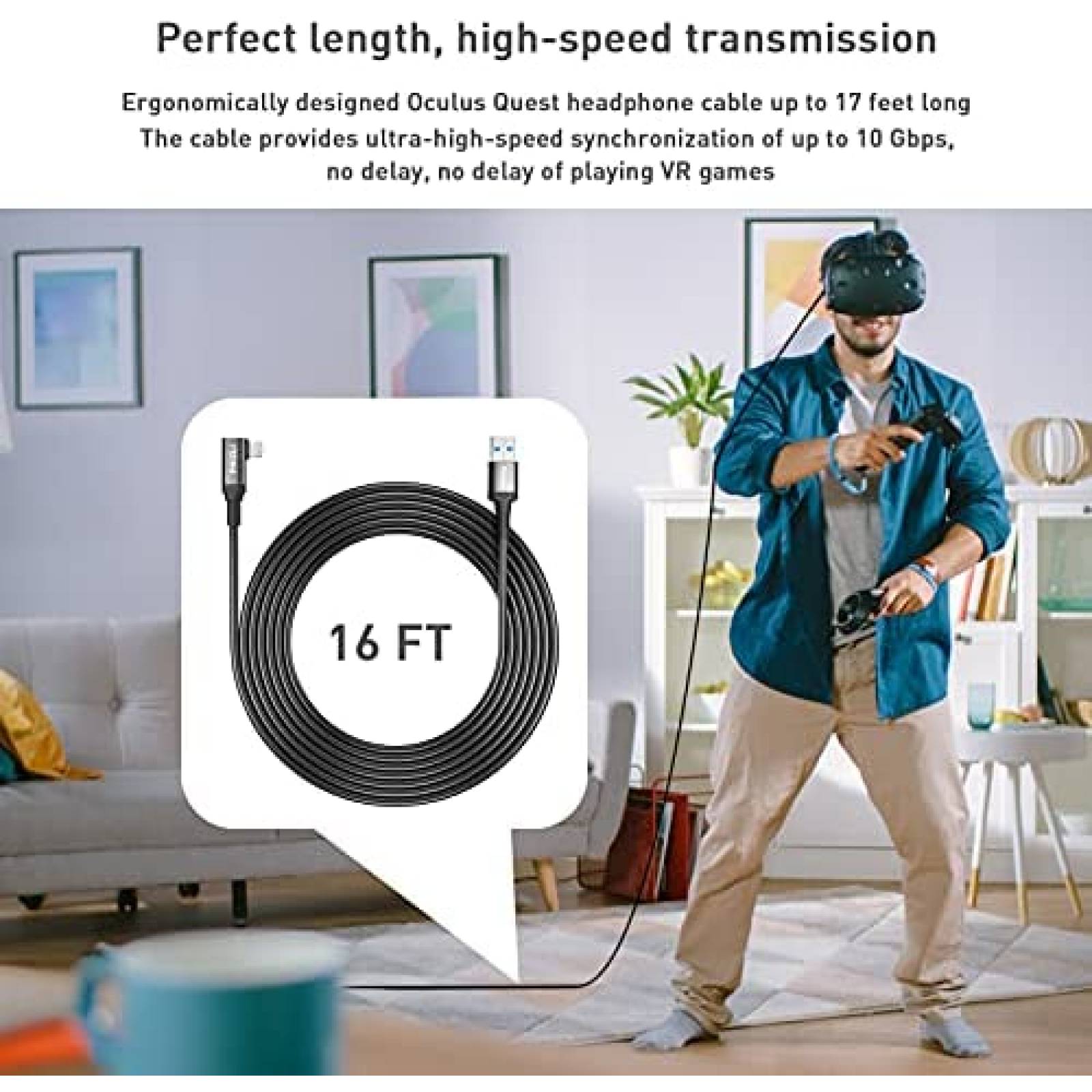 Cable USB c para oculus quest 2 Phizli 16ft -Negro