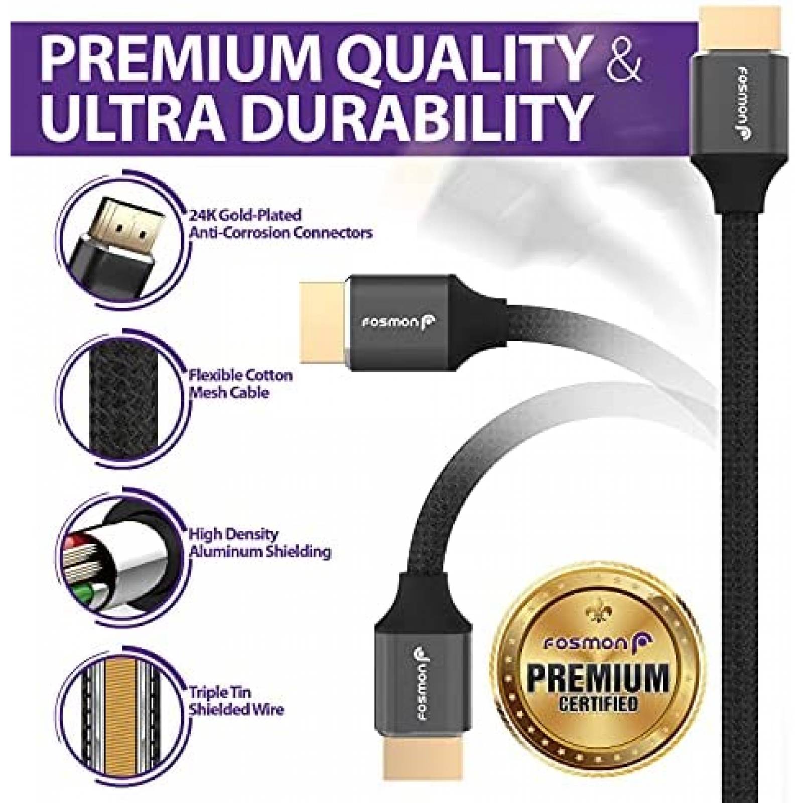 Cable FOSMON 10 ft HDMI 2.1 60Hz Ultra Alta Velocidad 48Gbps
